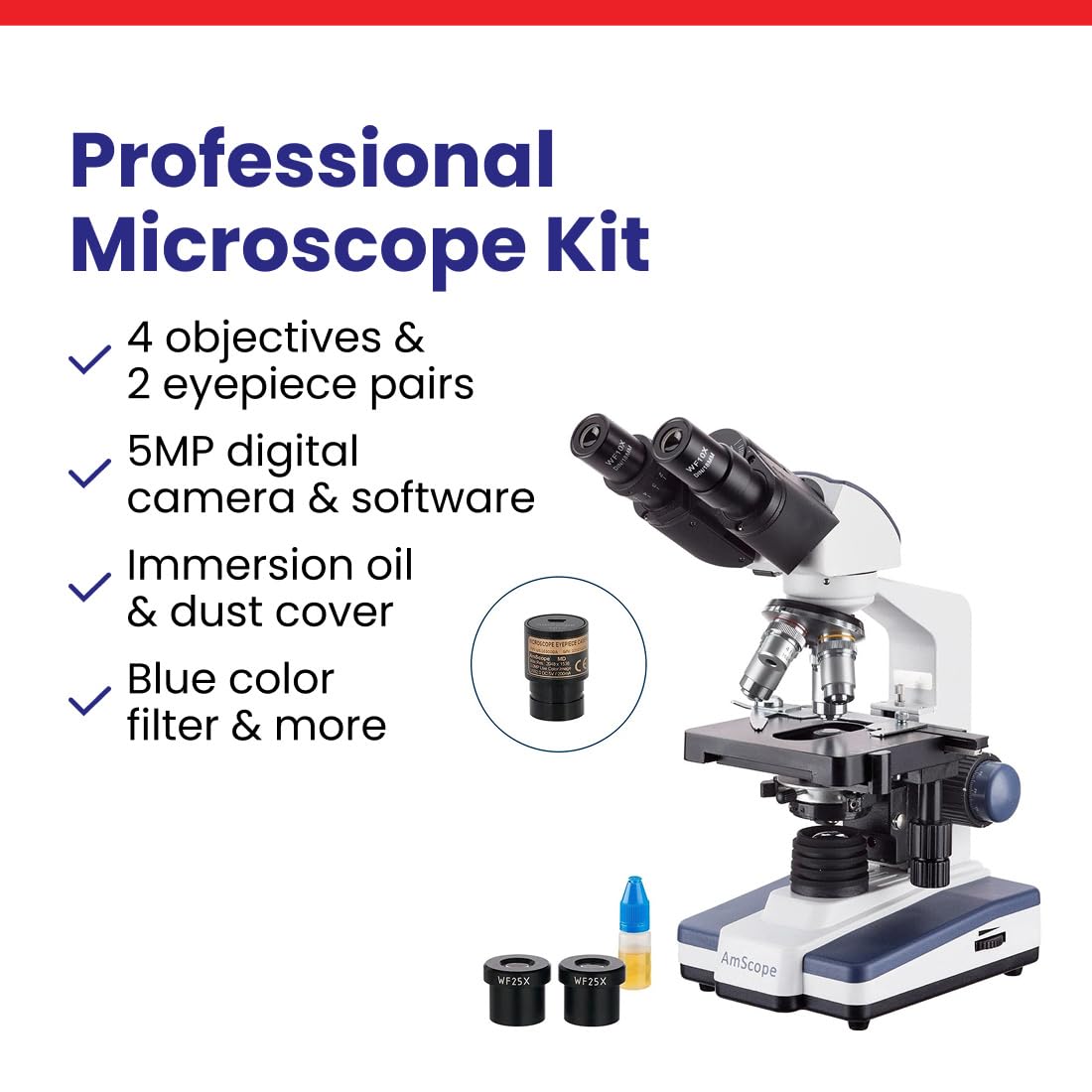 AmScope B120 Series Student & Professional LED Binocular Compound Microscope - 40X-2500X Magnification - Includes 5MP USB Camera & Siedentopf Head