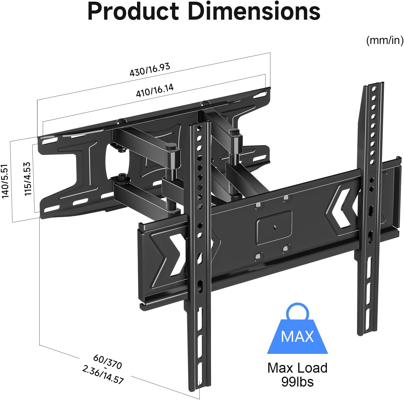 suptek 32-60 Inch 16" 400x400mm, 99lbs, MA001 Full Motion TV Wall Mount for TVs, Swivel & Tilt Adjustable Bracket, Dual
