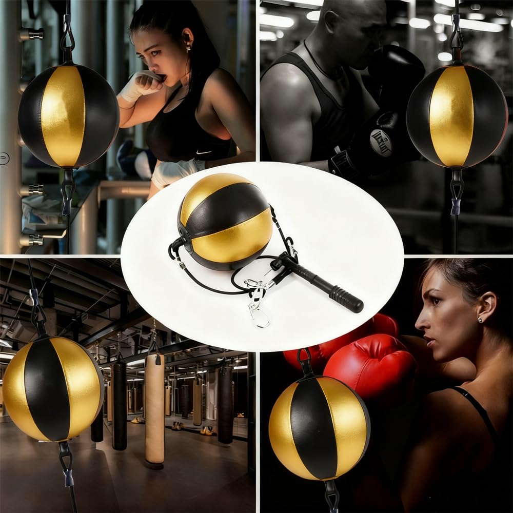Kvittra Double End Punching Bag Boxing Striking for Training - Speed Ended Set Includes 3 Reflex Ball Headband and Pump- Portable MMA (Yellow)