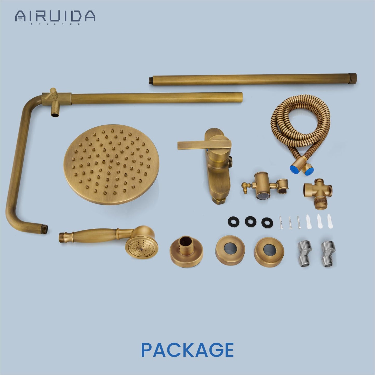 Airuida Exposed Shower System, 8 Inch Rainfall Shower Head with Handheld Spray, Single Handle Wall Mount Shower Faucet Set, Solid Brass Dual Function Exposed Pipe Fixture for Bathroom,Antique Brass