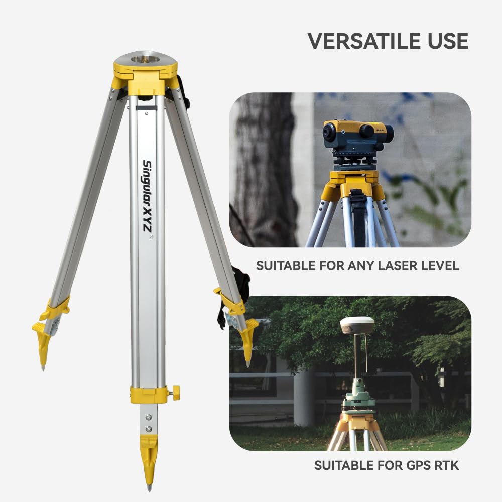 SingularXYZ Aluminum Surveying Tripod, Heavy Duty Construction Transit Tripod with Quick Clamp, 5/8-Inch-11 Threaded Flat Head for RTK Base Station, Total Station & Laser Level