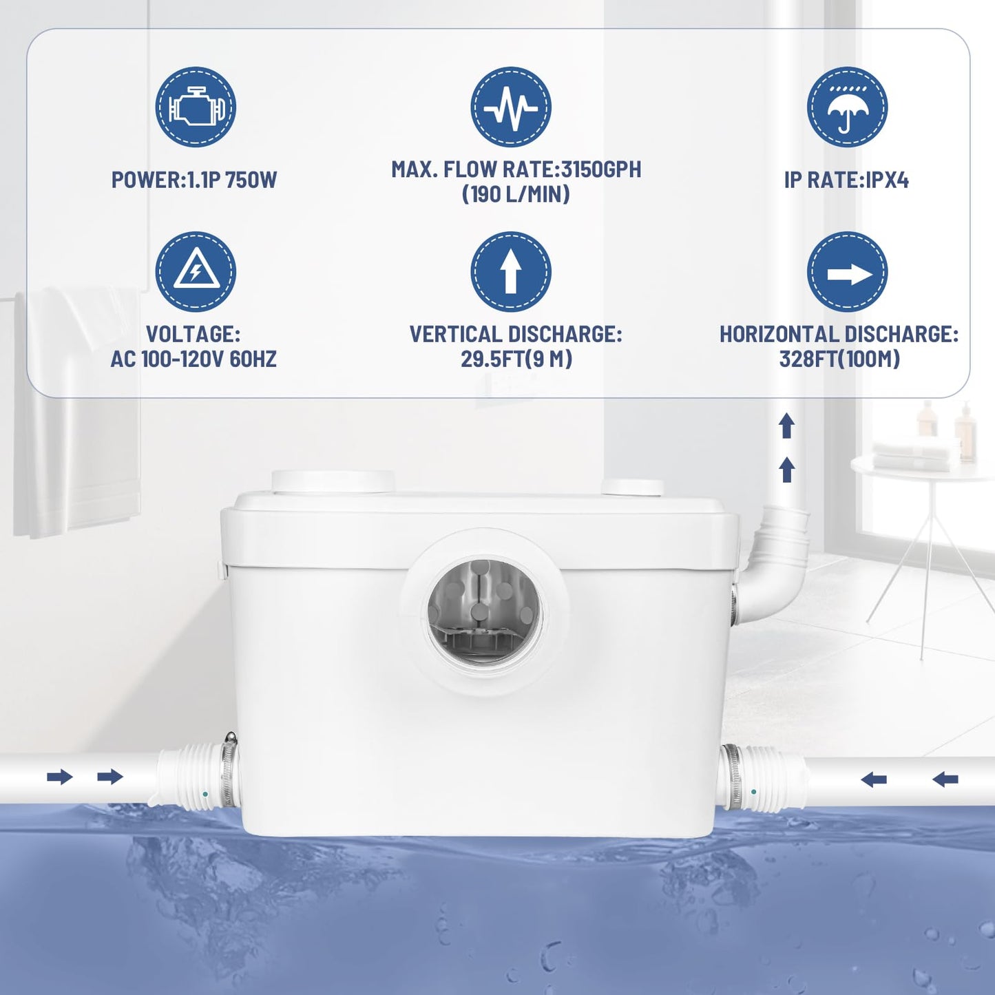 Dreamsani 750W Macerator Pump for Macerating Toilet, Sewerage Sump Pump for Basement Toilet, Upflush Waste Water Pump for Marine Toilet, Laundry Sink,Shower