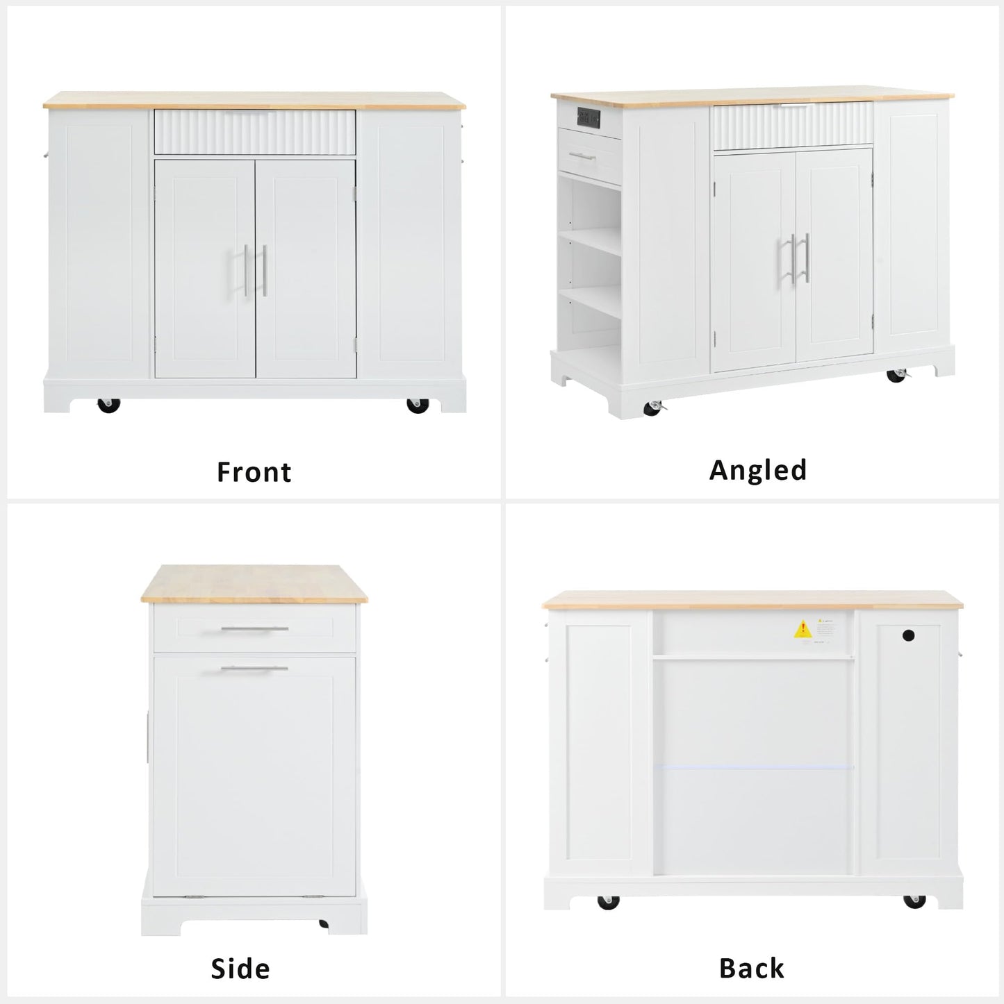 Amposei Modern Kitchen Storage Island with Trash Can Cabinet & Power Outlet, Rolling Kitchen Island Cart on Wheels with Open Side Shelves and Towel Rack, 53-Inch, White