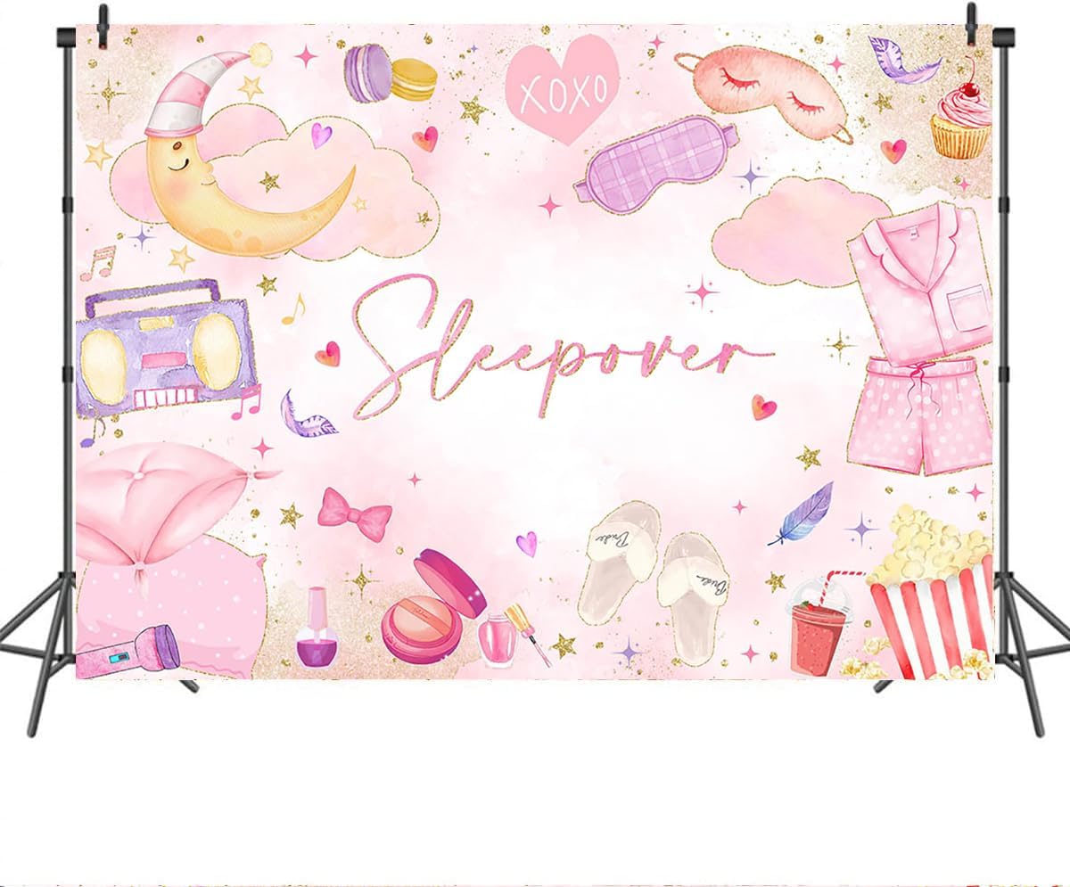 Mocsicka Sleepover Party Backdrop Slumber Party Supplies for Girls Pink Pajamas Girls Night Decorations Sleepover Spa
