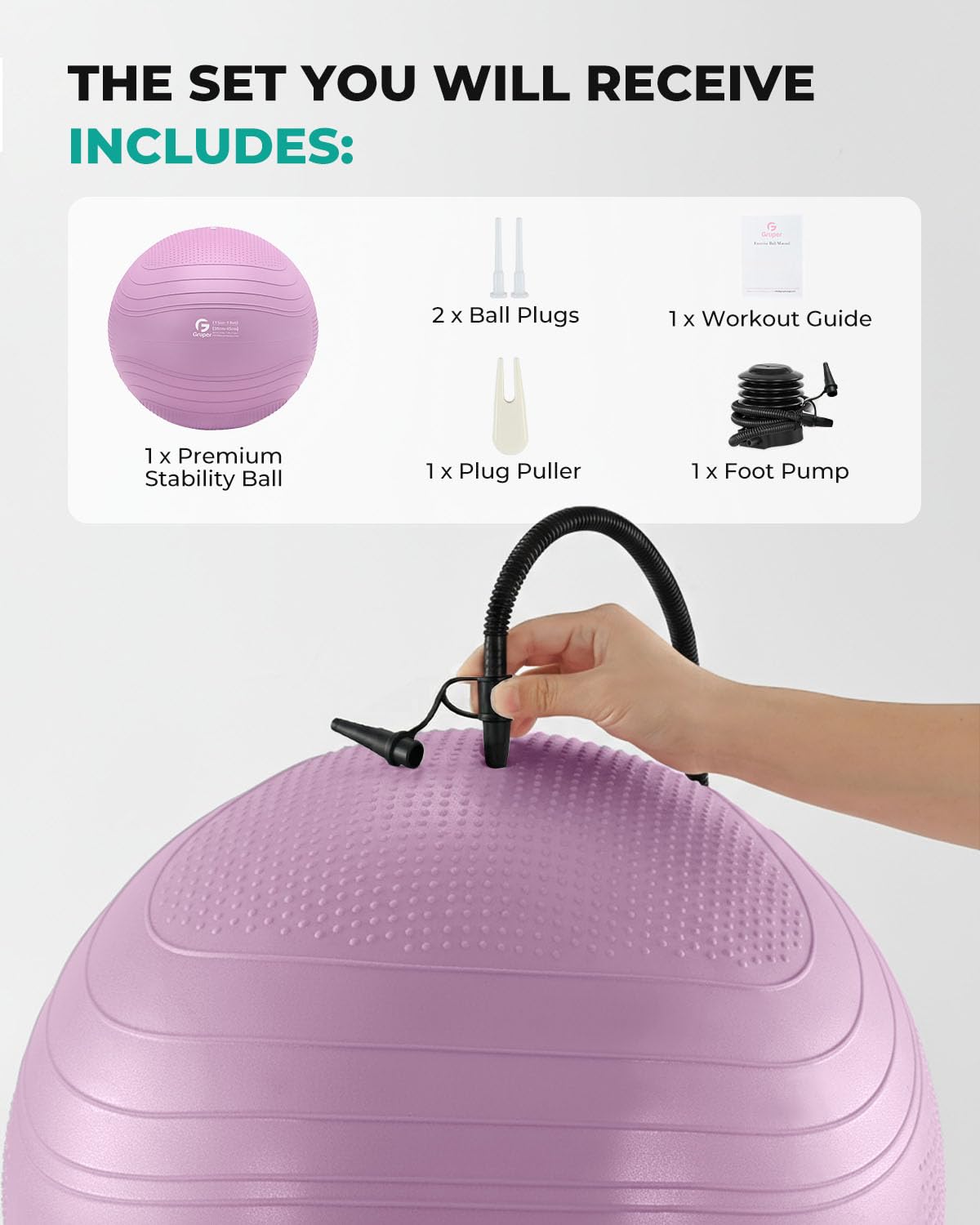 Gruper Yoga Ball, Extra Thick Exercise Ball for Workout Pregnancy Stability - 4 Sizes Anti Burst Balance Ball for Yoga, Pilates, Fitness, Birthing, Physical Therapy - Includes Pump