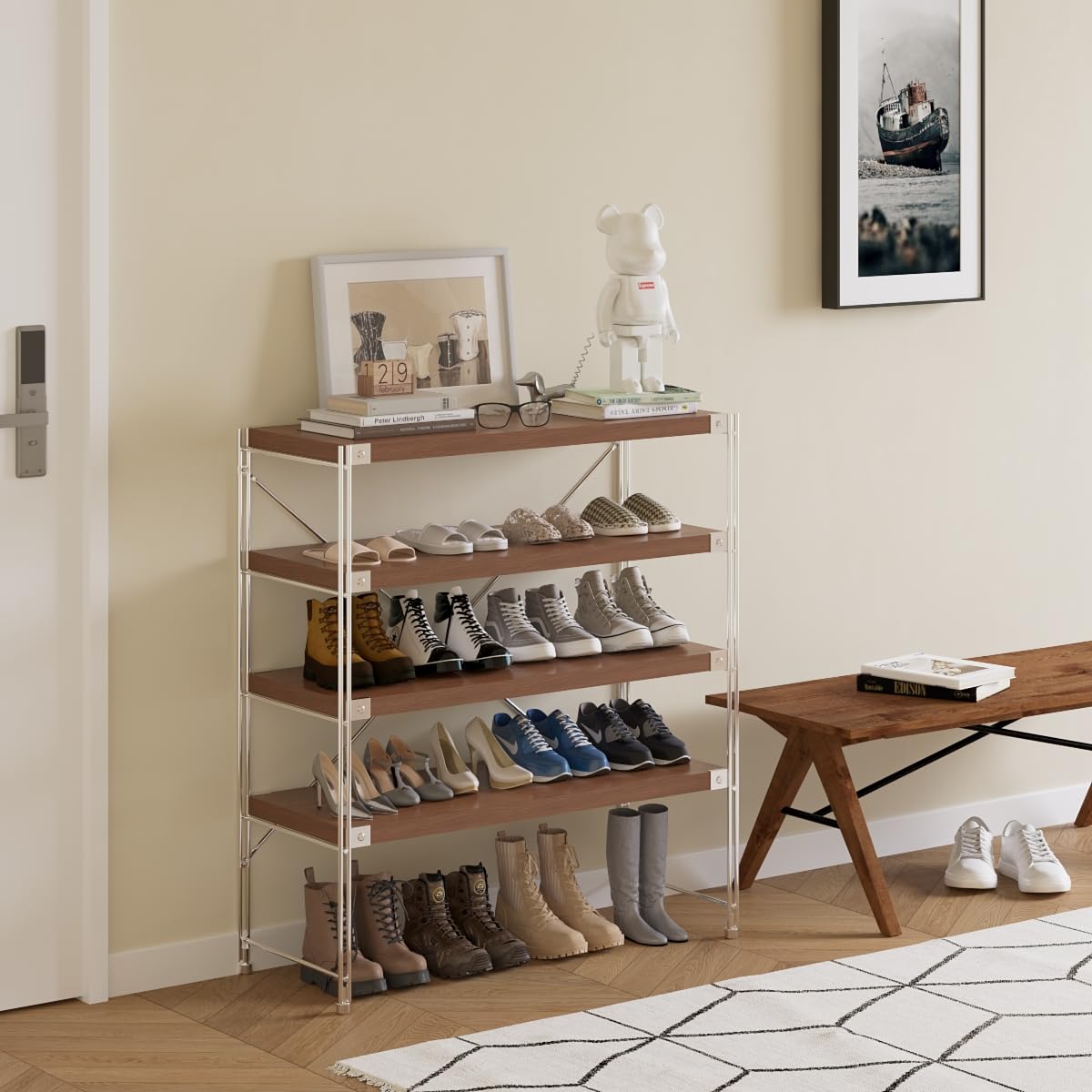 Achene 4-Tier Industrial Bookshelf, Storage Bookcase for Living Room, Bedroom, Office, Study Room,and Kitchen, 31.5"x11.81"x35.43" Inches(Dark Walnut, 4T32IN)