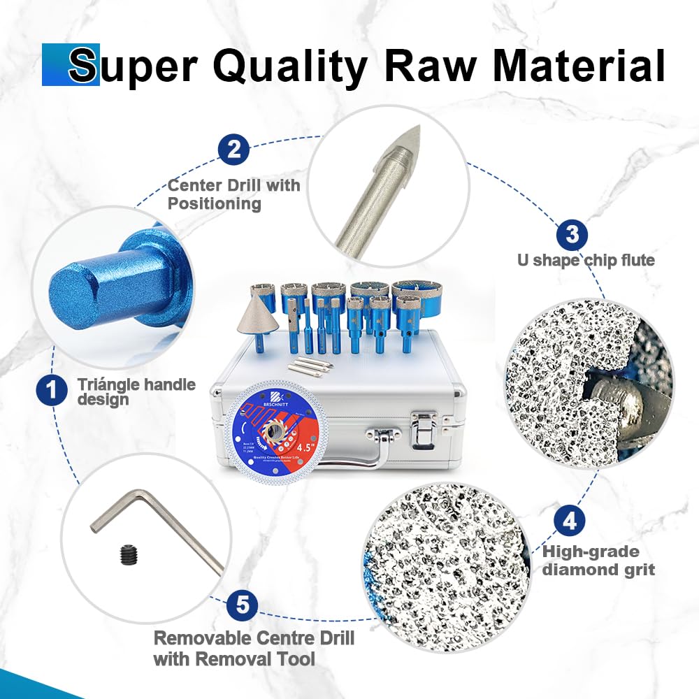 BRSCHNITT Diamond Tile Hole Saw Kit with Pilot Bit - (6-65mm) Dry Diamond Core Drill Bit Triangle Shank&Tile Blade for Porcelain Tile Ceramic Stone Granite Marble