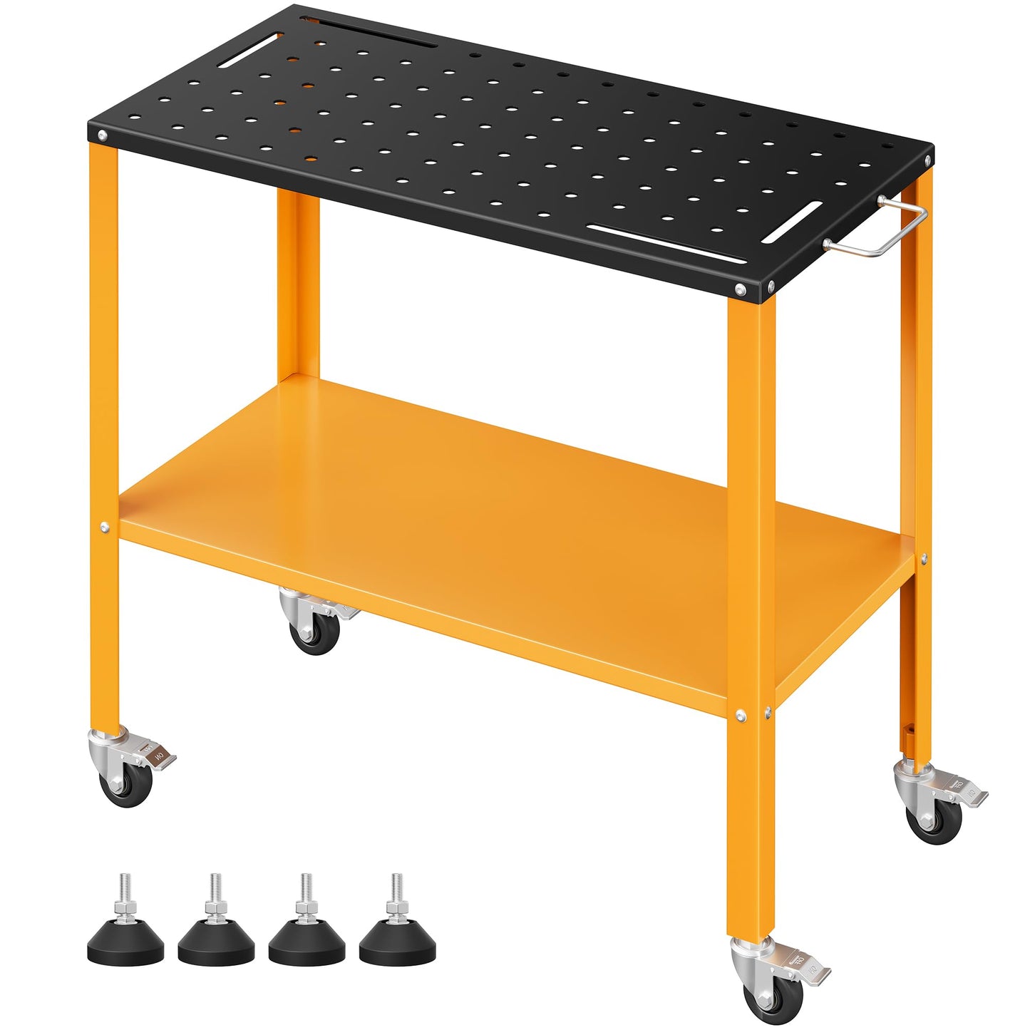 CAMMOO 1200LBS Welding Table, 36"x18" Welding Workbench, Black Oxide Finish Tabletop with 4 Lockable Braking Casters, Storage Tray, 4 Tool Slots and 5/8'' Fixture Holes for Garage & Workshop