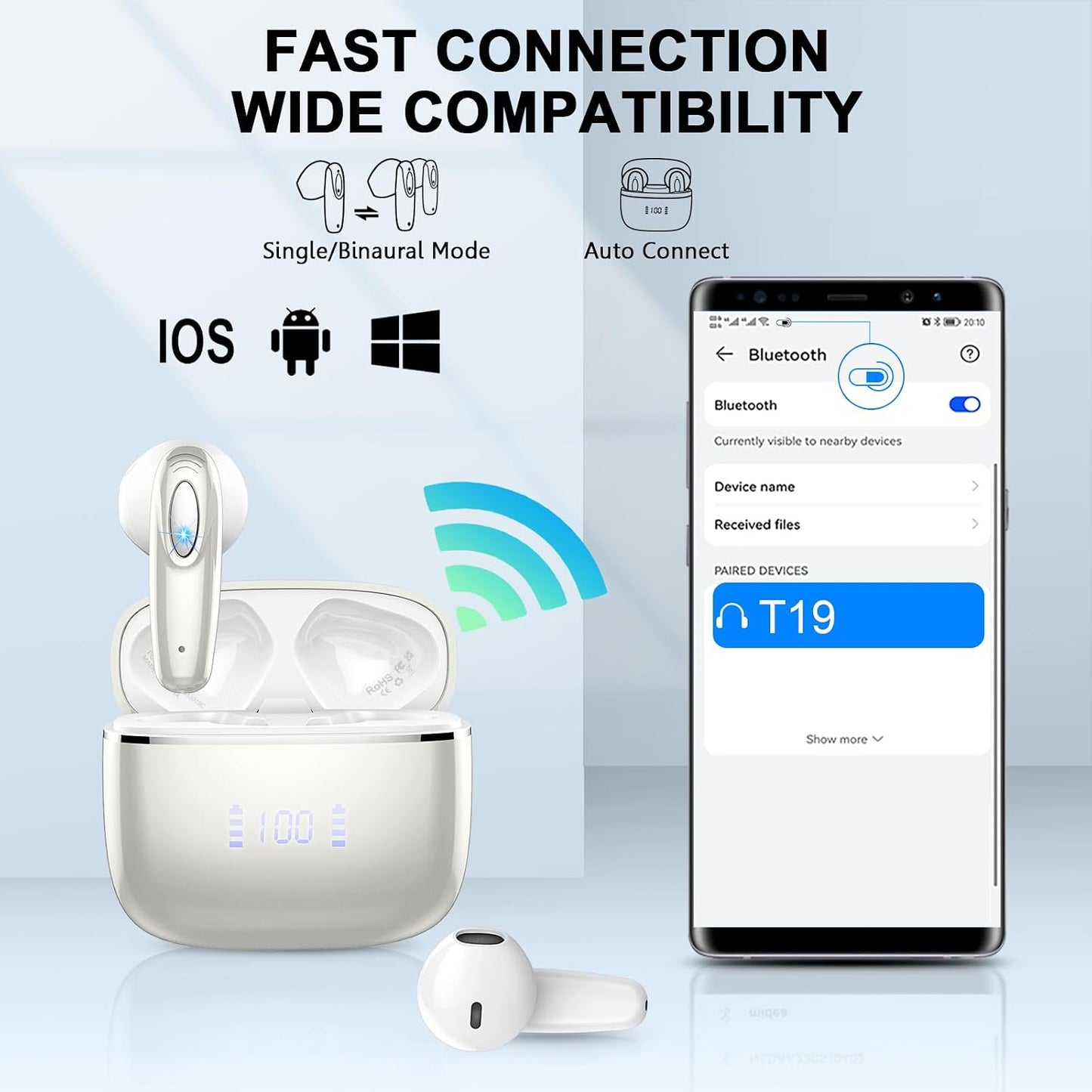 5.3 4 40H IP7 Wireless Earbud, Bluetooth Headphones Built in ENC Mic, Stereo Bass Wireless Earphones, Bluetooth Earbud