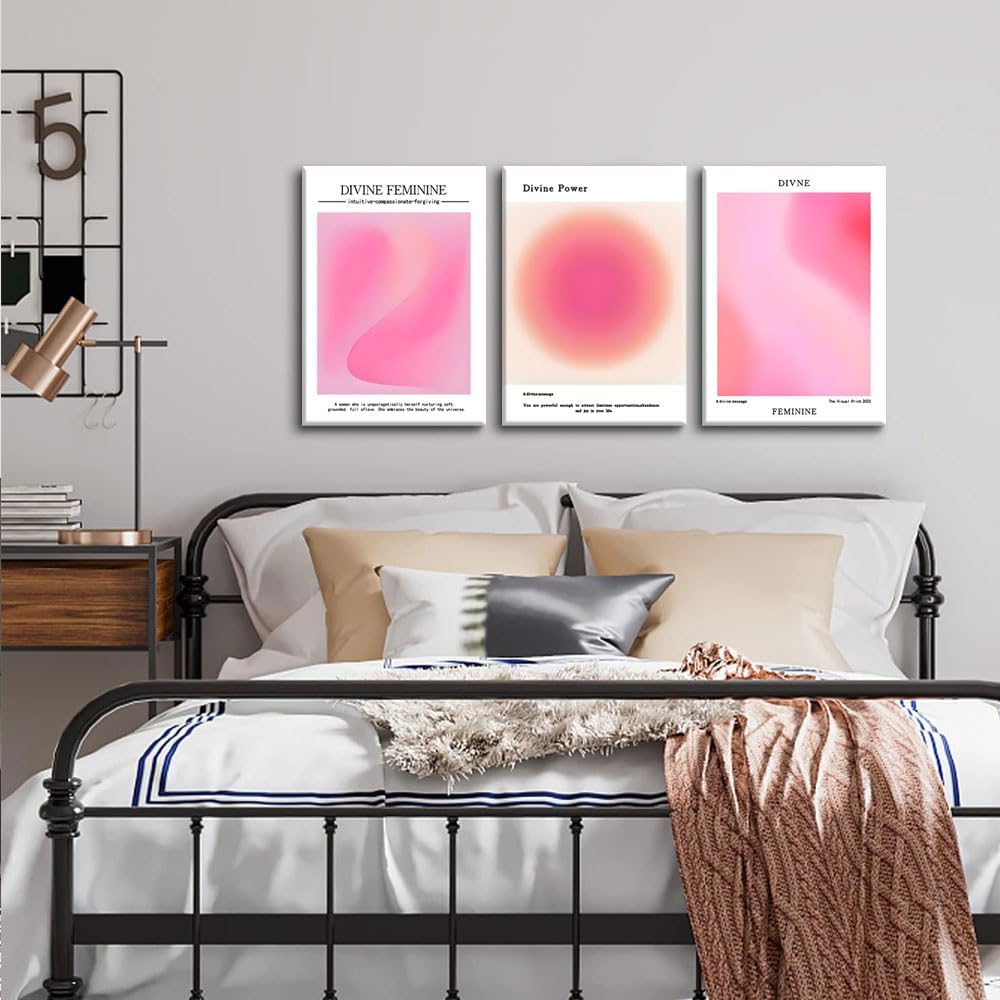 Skiennix Canvas Wall Art Set of 3 - Pink Gradient Aura Angel Posters | Framed 12x16 Inch Decor for Bedroom & Living Room