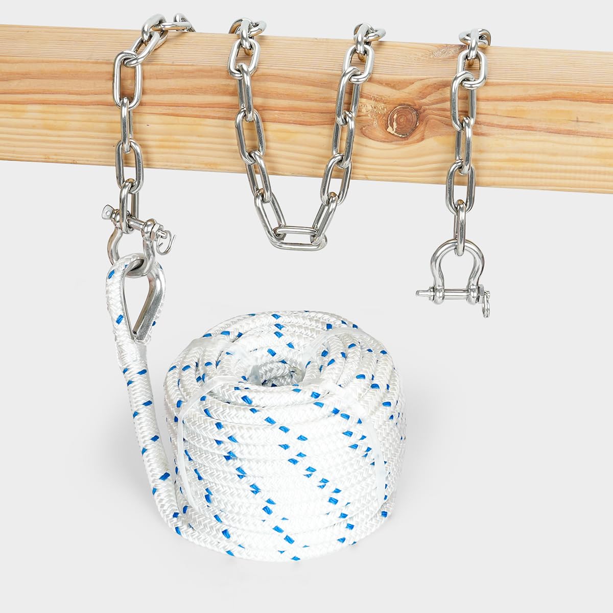 FUCNEN 5/8" Boat Anchor Rope 200 FT with 316 Stainless Steel Anchor Chain 5/16" x 10 FT, 5/16" Bow Shackles and 5/8" Thimble, Anchor Rode for Mooring, Boats Pontoon, Deck, Fishing, Sail