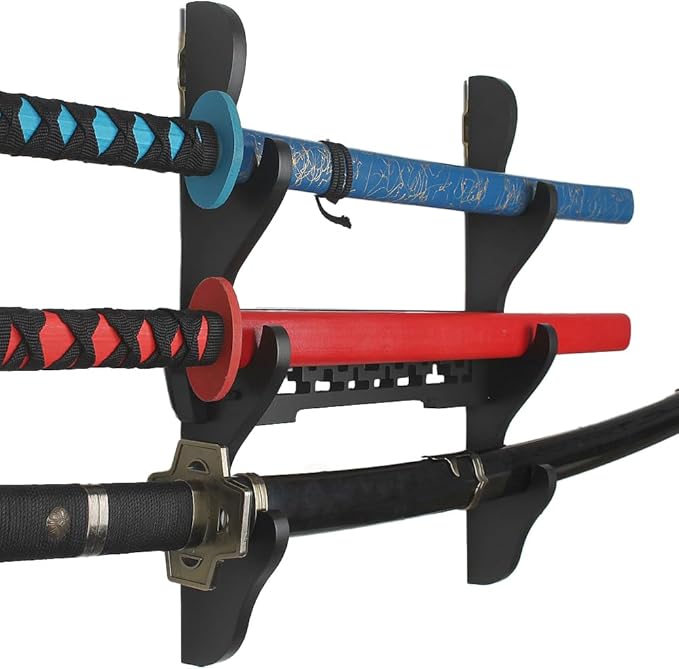Katana Wall Mount Samurai Sword Display Hanger Lightsaber Holder, Wood Flute Stand Martial Arts Weapon Stand Cosplay Rack Wall Mount (Black, 3-Tier)