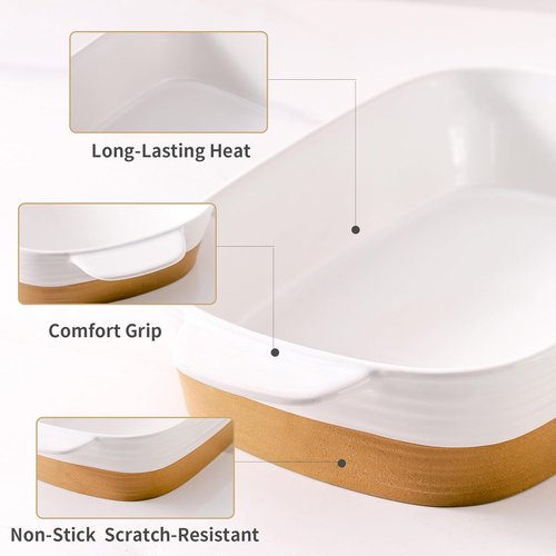 Hasense Ceramic Baking Dish - Non-Stick Lasagna Pan with Handle | 11.8x8.7 Inch, 3.4 Qt, White