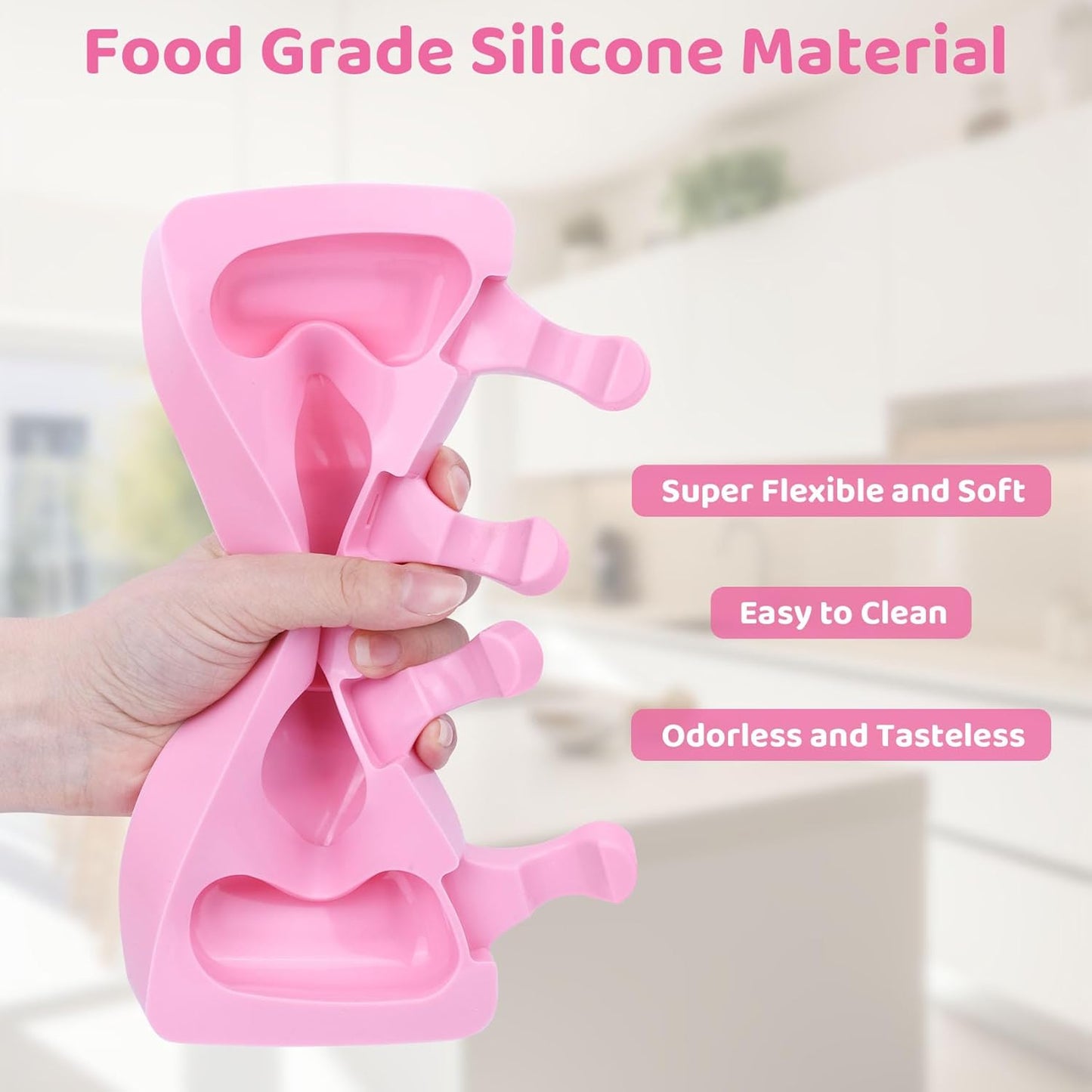 Ouddy Life Popsicle Molds - Set of 2 Silicone Ice Cream Molds with 50 Wooden Sticks | Pink