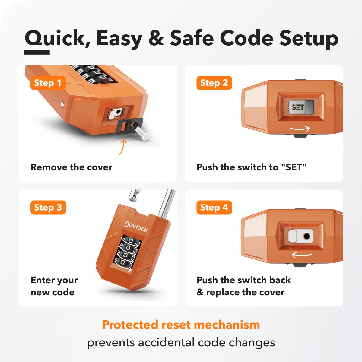 NOVLOCK Combination Lock for Locker, 4-Digit Padlock with Code for Gym, School, Home & Work, 1-Pack, Orange