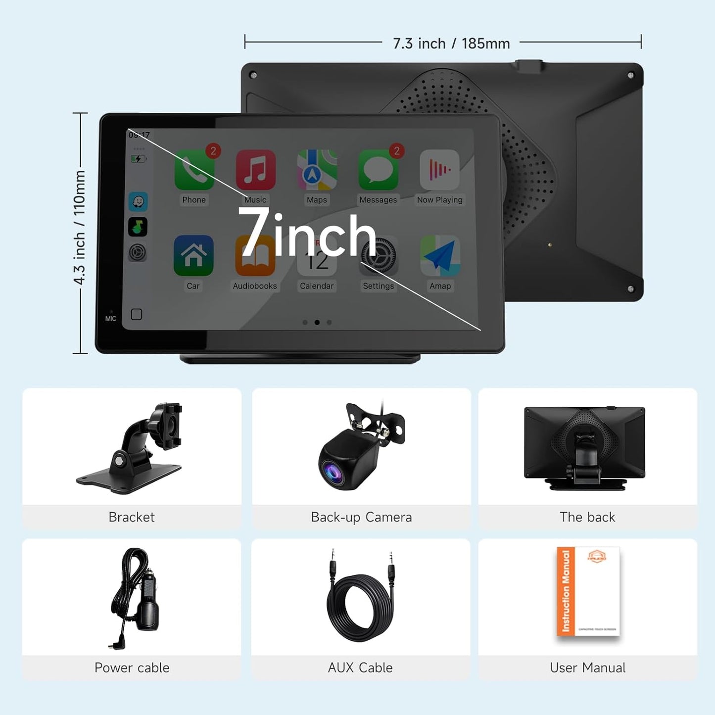 Haudio 7" 1080P Wireless CarPlay & Android Auto Screen for Car, Portable Car Stereo with Front & Rear Dash Cam, Backup