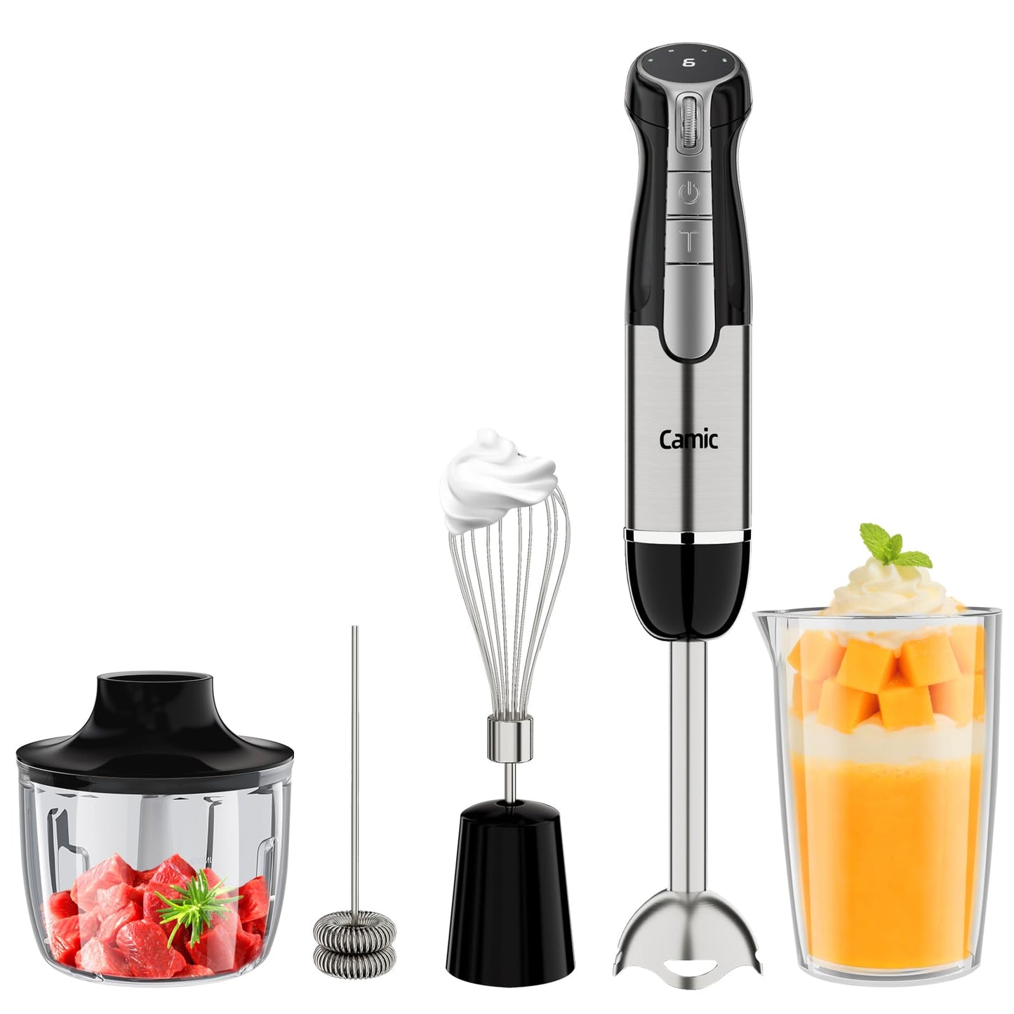 Camic Hand Blender, Cordless Immersion Blender with 6 Speeds, 4 in 1 Portable Mixer Electric Handheld Mixer with Blender, Chopper, Whisk, Frother for Soup, Smoothies, Baby Food and Puree (Champagne)