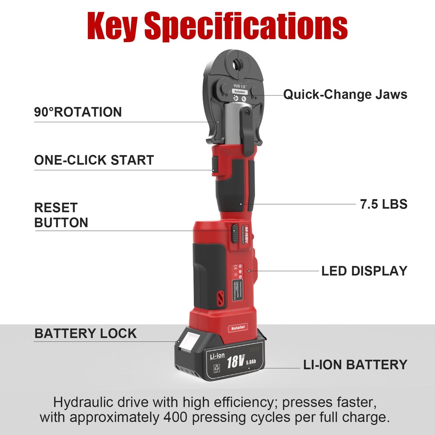 ketailei KF-1930V Cordless Copper Pipe Crimping Tool for Plumbing, 5.0Ah Battery Powered with VUS 1/2" 3/4" 1" 1-1/4" Crimping Dies, 350° Rotatable Head(KF-1930V)