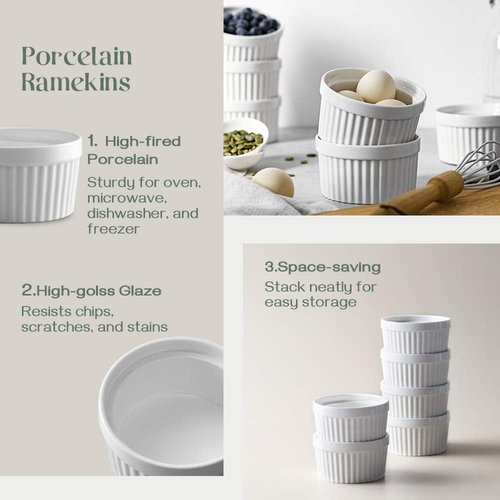 DOWAN 4 Oz Ramekins - Oven Safe Porcelain Bowls for Baking Soufflé | Set of 6, Classic White