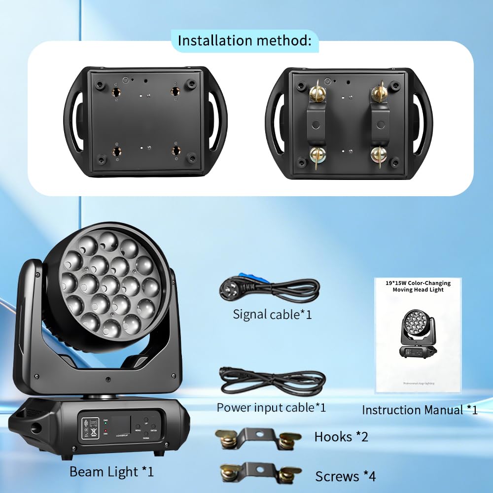 MINGJIE 19x15W Moving Head Stage Light,RGBW 4-in-1 LED Zoom Beam Wash Strobe Effect,DMX Sound Activated,540° Pan 270° Tilt,Professional DJ Lighting for Club Wedding Party Bar (Luces para) (1Pack=2pcs)