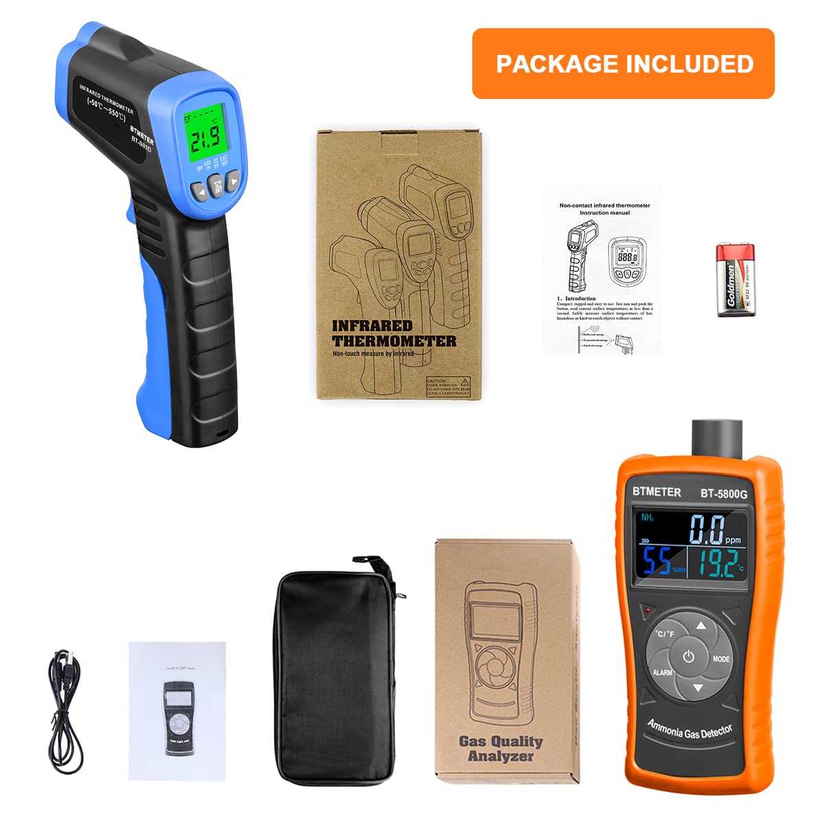 BTMETER Ammonia Gas Detector Sensor 5800G and Industrial Thermometer 981D Combo