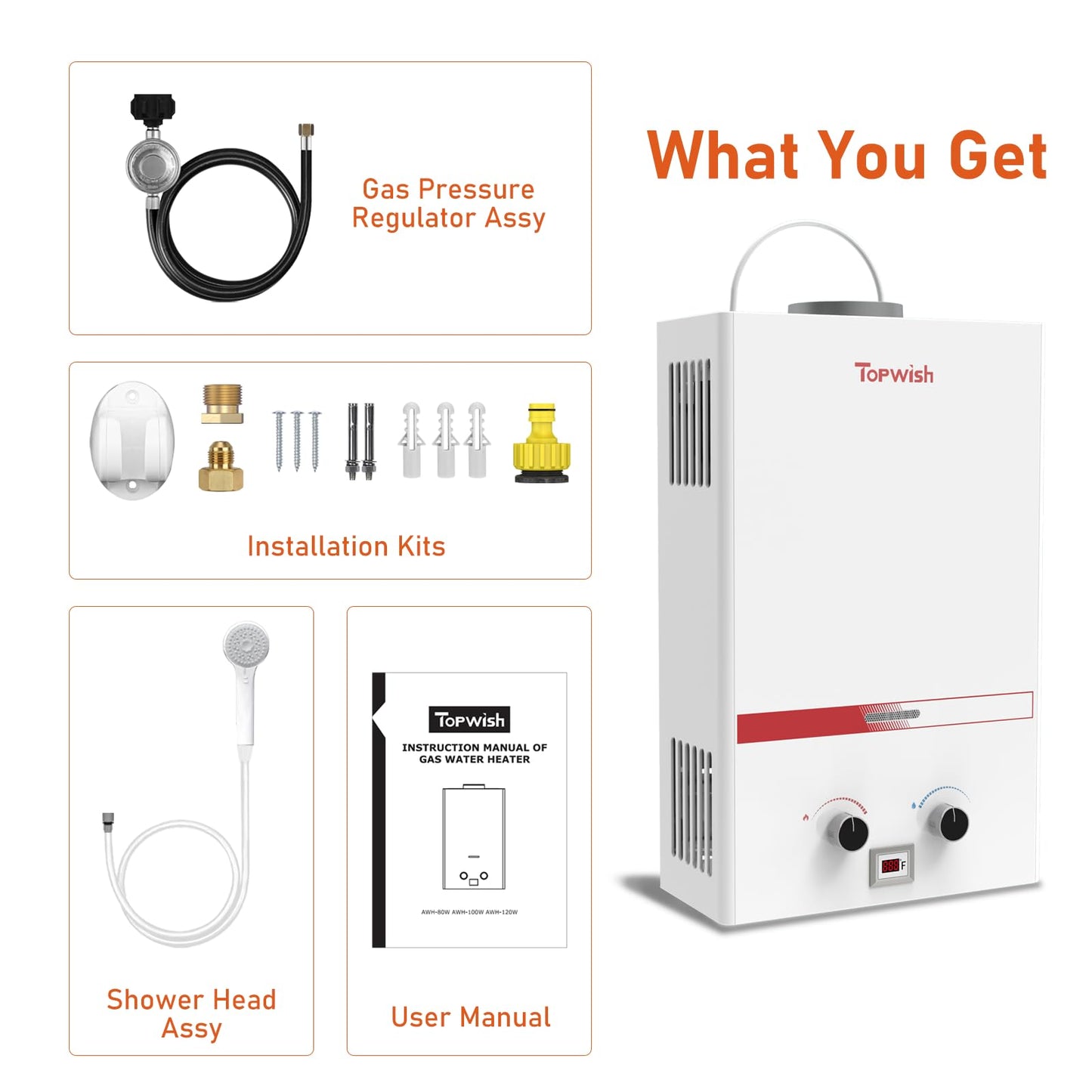 TOPWISH Portable Propane Water Heater Tankless, 8L 2.11GPM Instant Gas Hot Water Heater 54,500 BTU with Digital Display Handle Overheating Protection for Outdoor Camping RV Cabin Shower