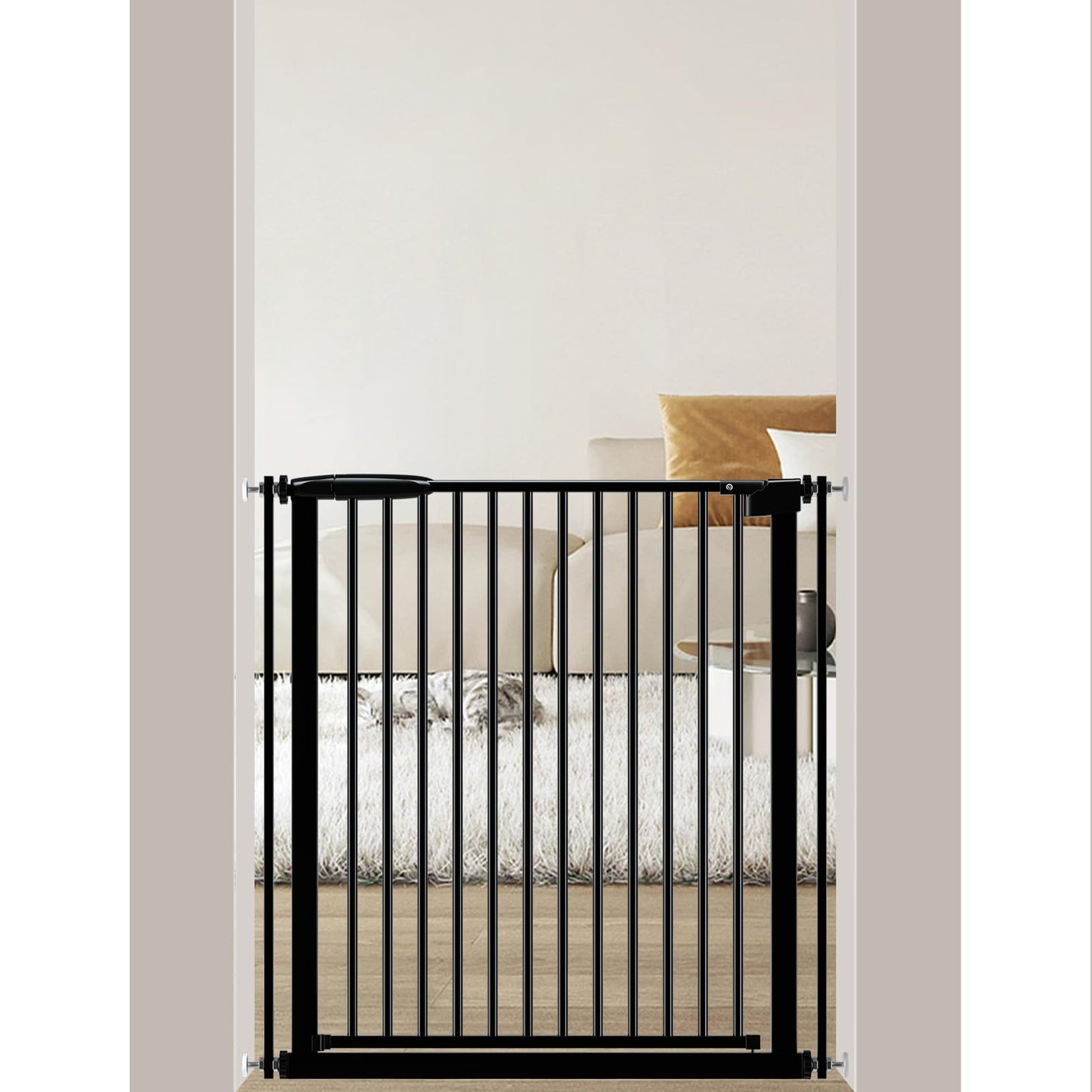 DEARBB Extra Wide Baby Gate Ultra Narrow Spacing 30.11-77.36" Pressure Mounted Double Lock Swing Auto Close Walk Through Metal Safety Pet Gate for Stairs and House Doorway Kitchen