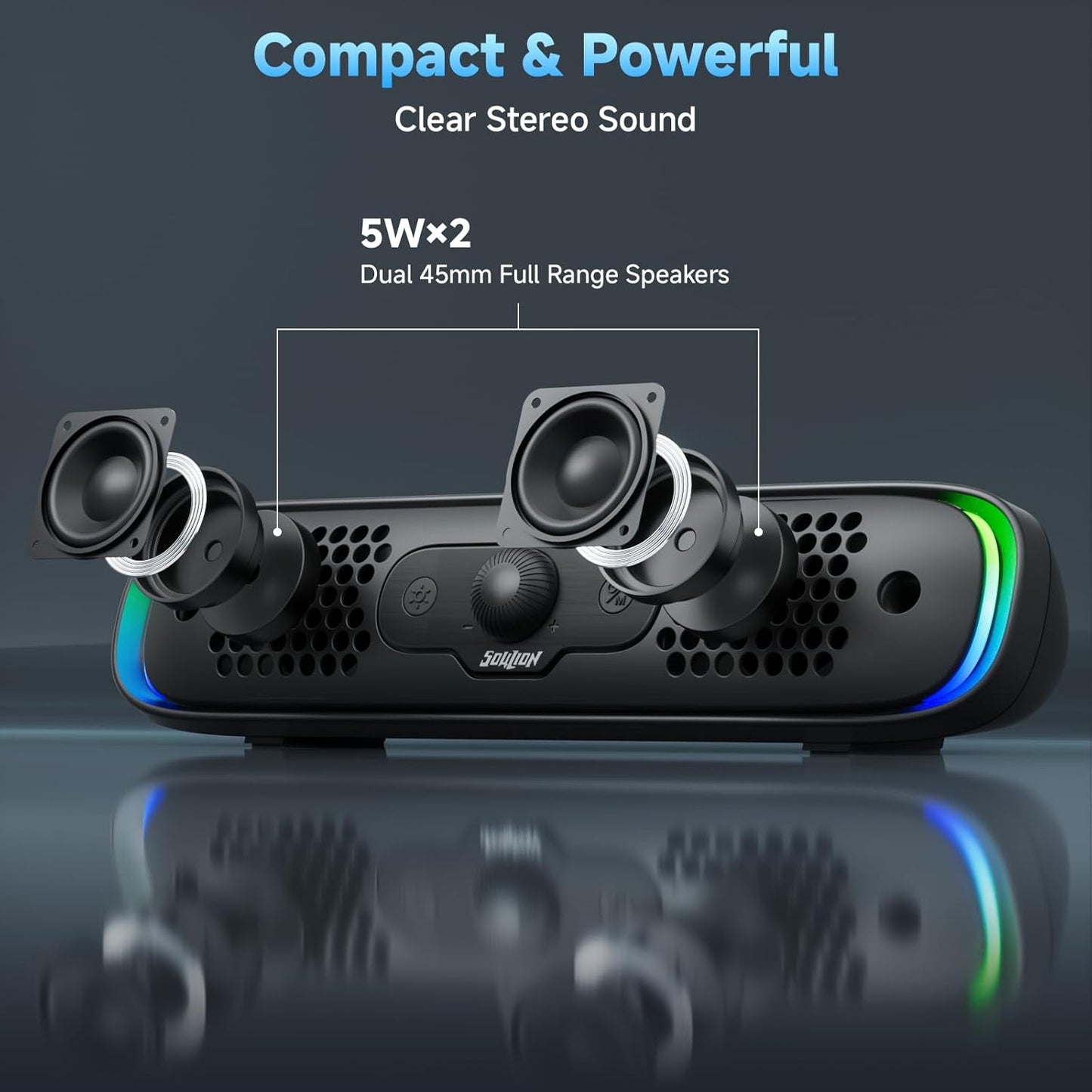 SOULION Computer Speakers, USB C/USB Powered PC Speaker with Colorful LED Lights, Plug-N-Play Wired Bluetooth Sound bar