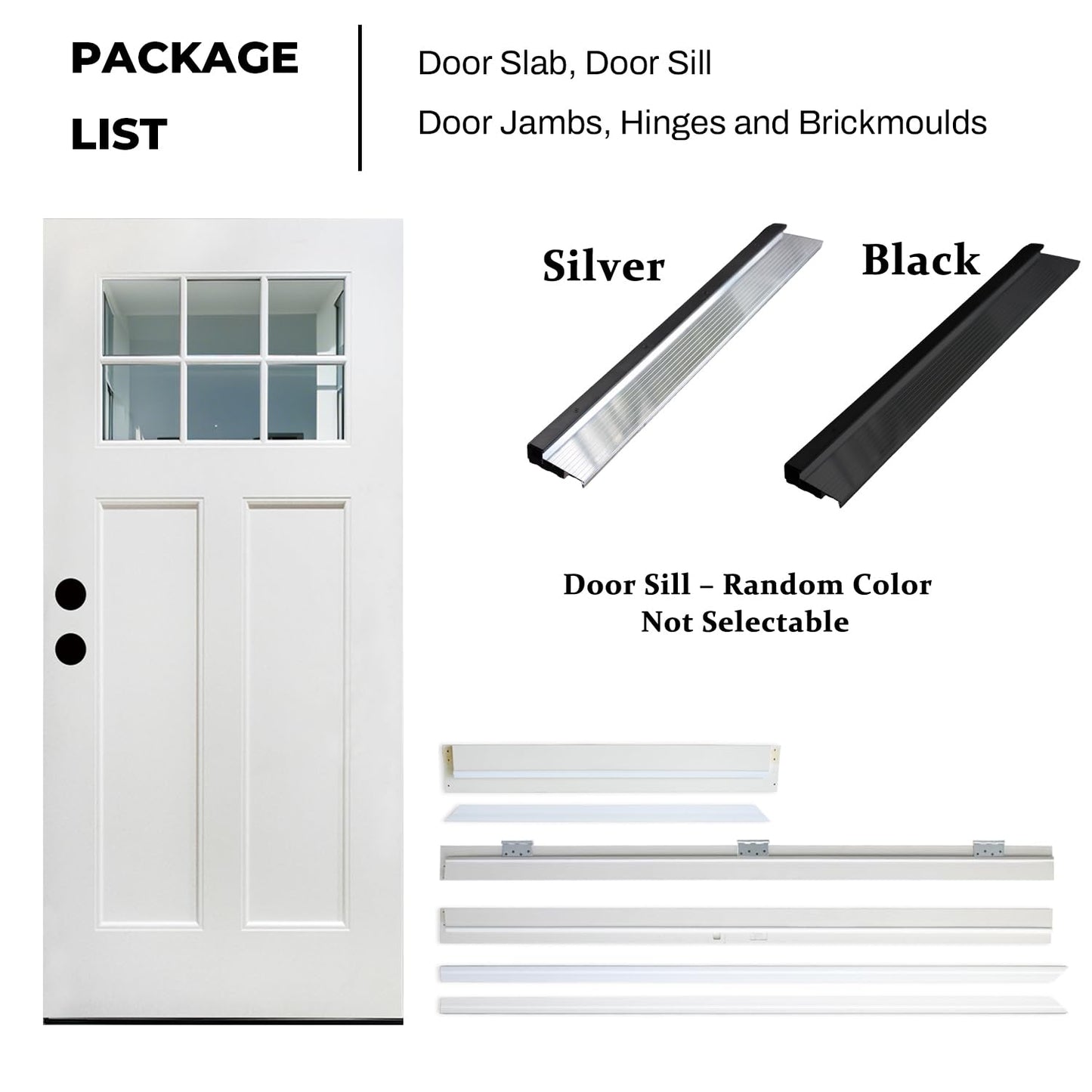 Fiberglass Entry Door, 36'' x 80'' Front Exterior Door with Brickmould and Vinyl Frame, Right Hand Inswing White Primed Knock-Down Door 4-9/16in, 6 Lite Low-E Glass