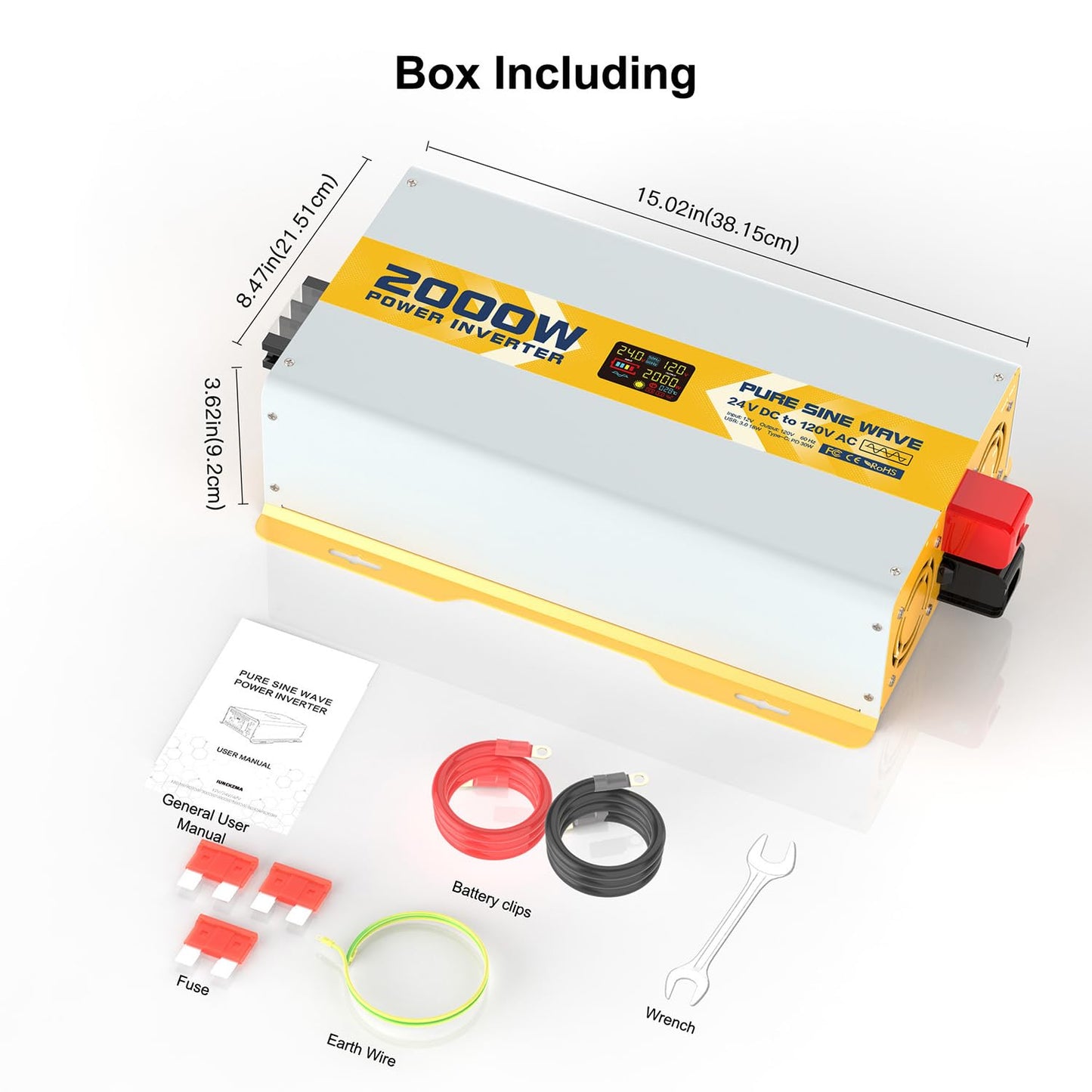 XWJNE 2000W Pure Sine Wave Power Inverter 24V DC to 120V GFCI AC Converter with LCD Display and Remote for Home, RV, Truck, Off-Grid Solar Power
