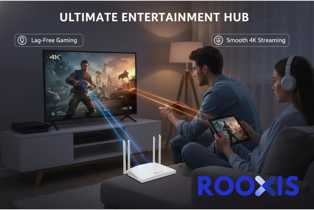 Rooxis AC1200 4 2500 WiFi Router Dual Band - Wireless Internet Router for Home | Gigabit Ethernet Ports, High-Gain