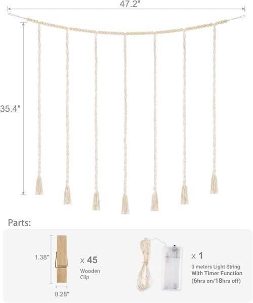 Mkono Macrame Photo Display Wall Decor - Boho String Lights & Wooden Beads | 45 Clip Collage Holder for Bedroom & Living Room