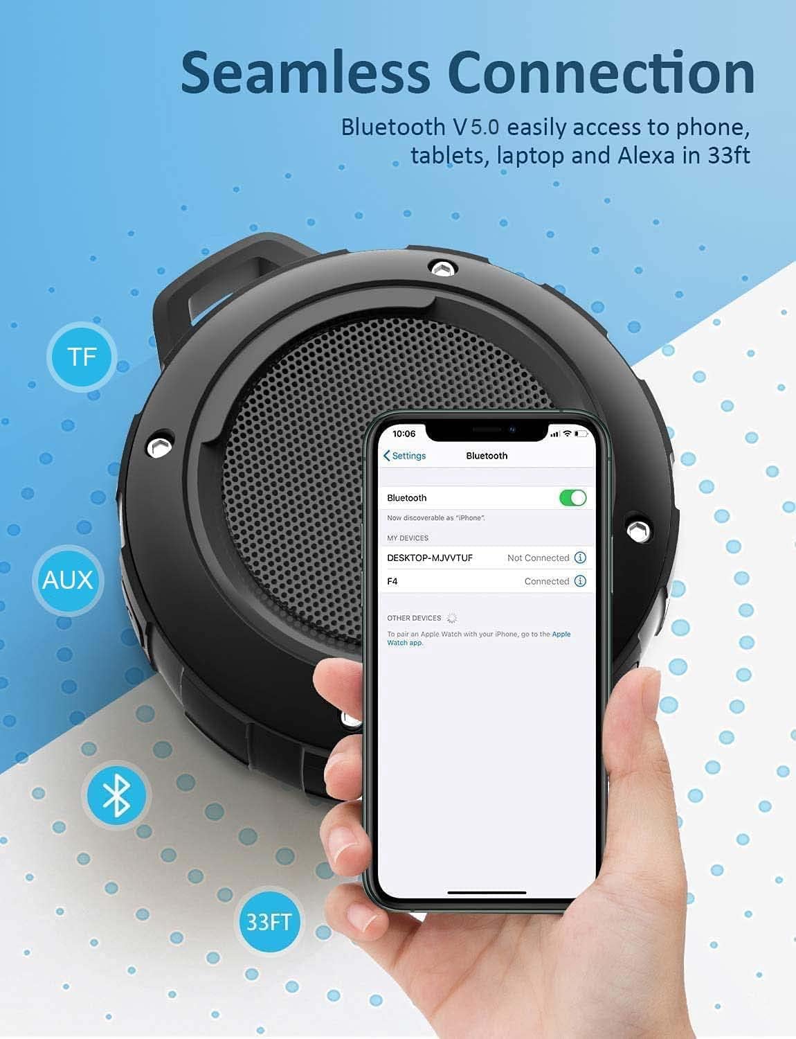 Kunodi Outdoor Waterproof Bluetooth Speaker, Wireless Portable Mini Shower Travel Speaker with Subwoofer, Enhanced