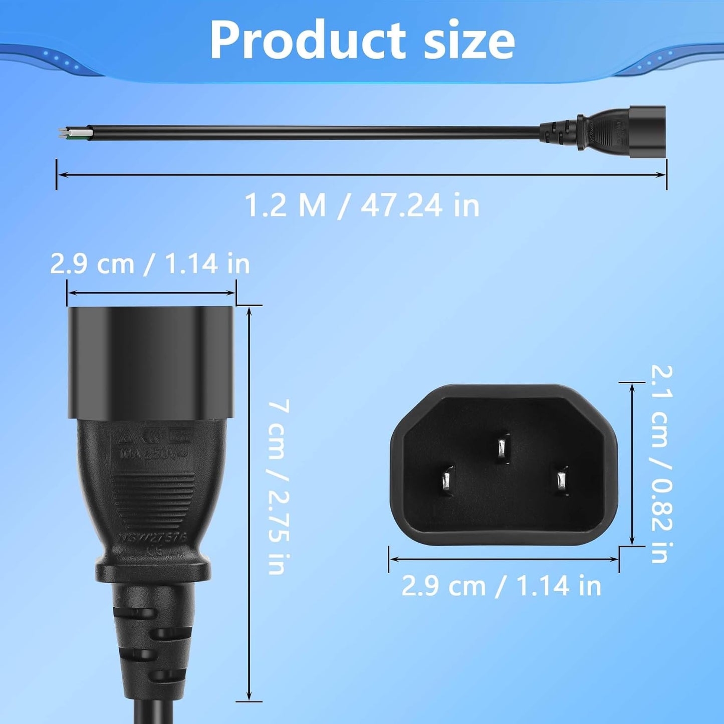 CERRXIAN 3.9FT 320 C14 3 16AWG C14 IEC Male Pin with Open Wiring Stripped, Heavy Duty Replacement to Bare Wire Power