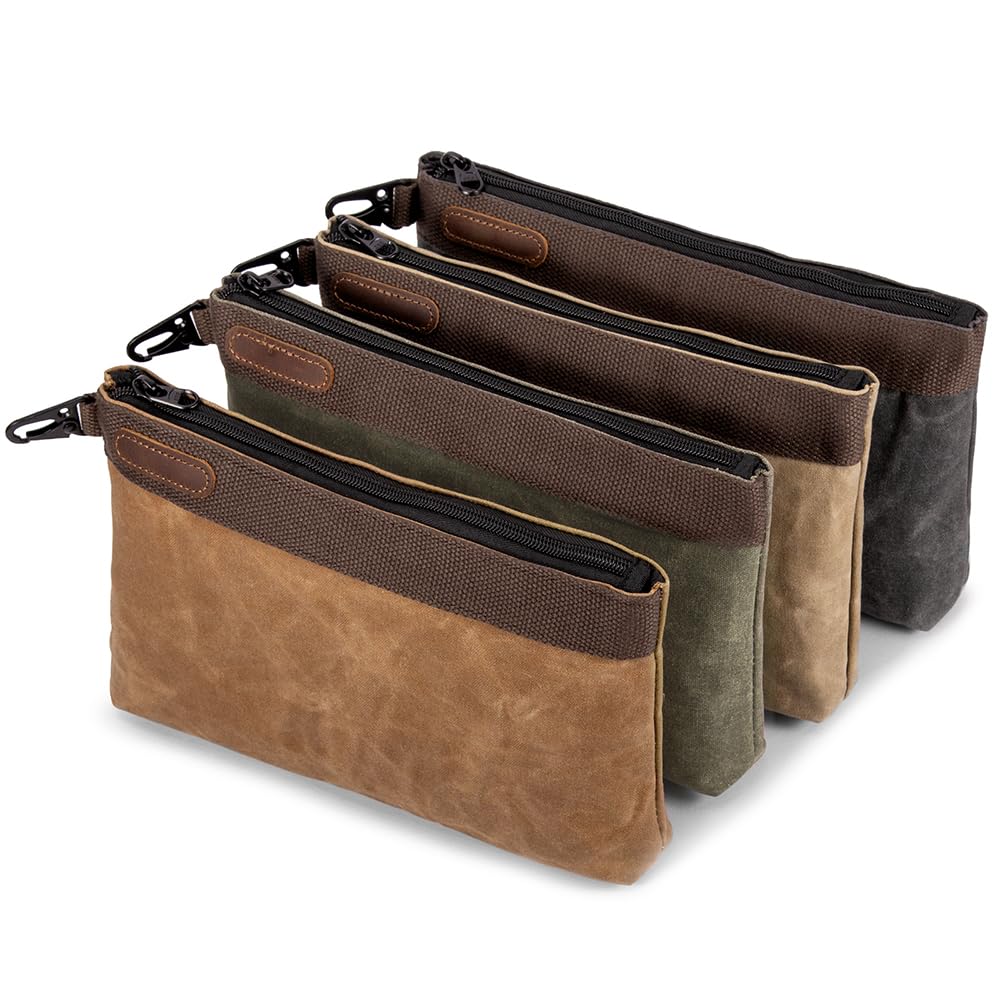 Hamks Waxed Canvas Tool Pouches 4 Pack – 11-Inch Heavy-Duty Zipper Tool Bags Set, Waterproof Utility Storage Pouches for Tools, Cables, Gear & Supplies – Rugged Tool Organizer Bags