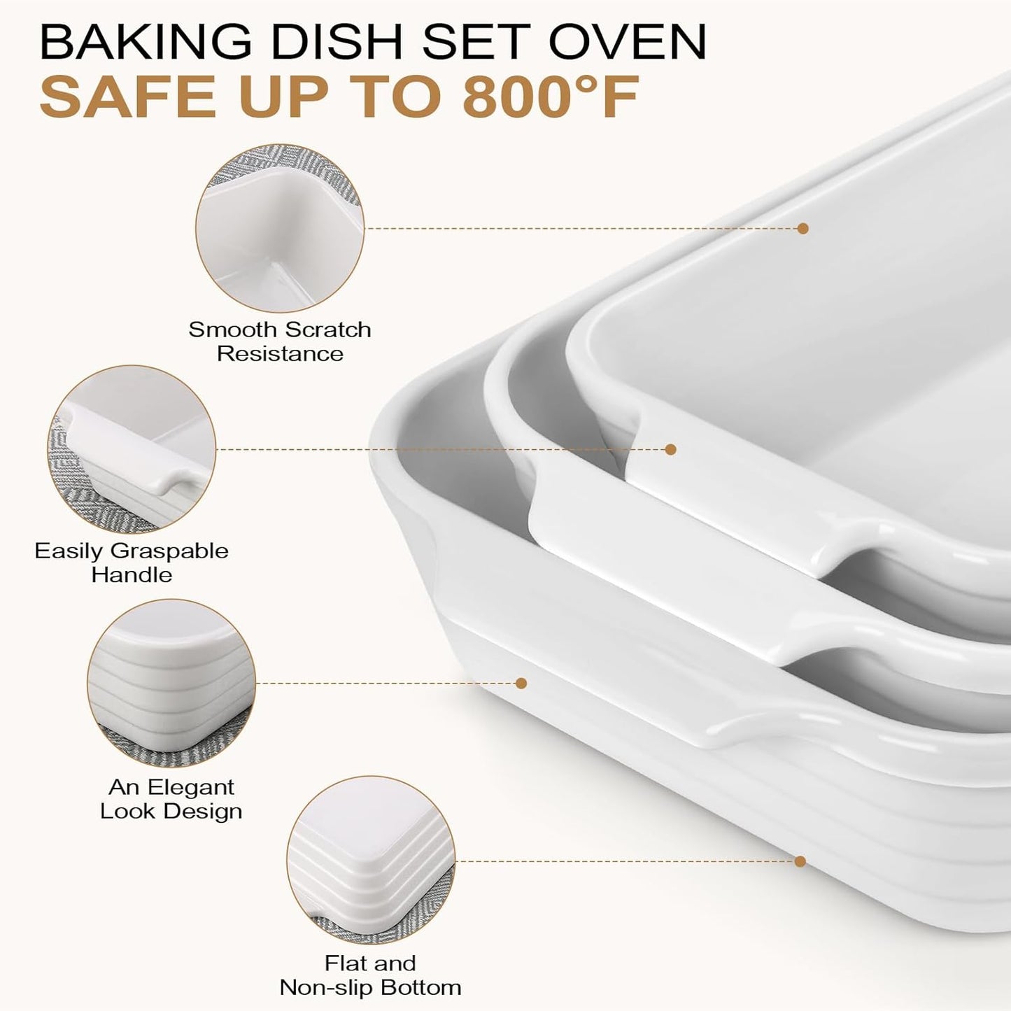 Regine Switzerland Casserole Dishes Set - 3 Ceramic Baking Pans with Handles for Oven Use
