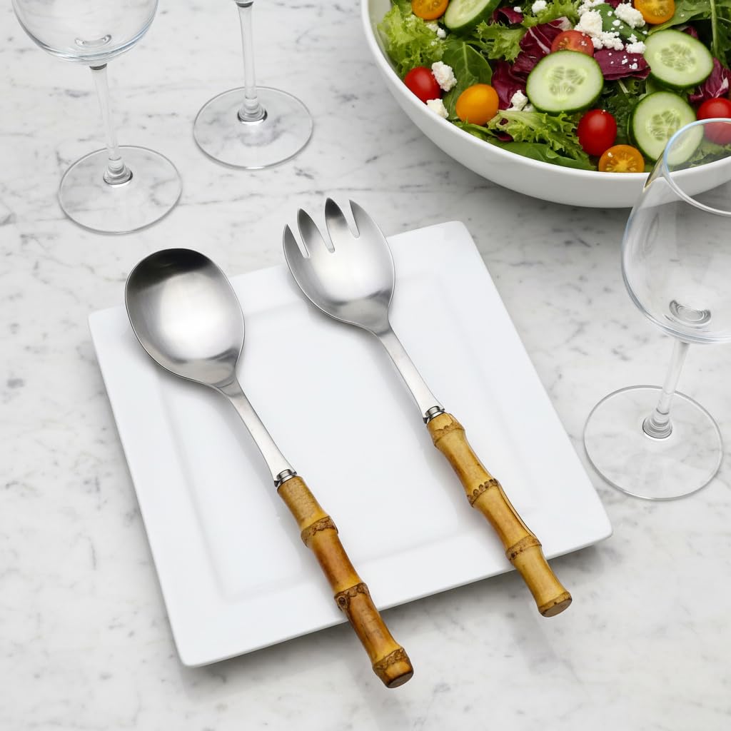 Nature Real Bamboo Handle Serving Set 10 inch Salad Spoon and fork 2-Piece Set Stainless Steel 18/10 Kitchen Utensils Matte Silver
