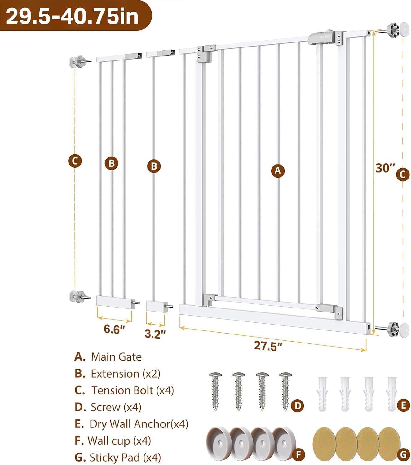 InnoTruth 29.5–40.75" Baby Gate for Stairs, 30" Tall Dog Gates for Doorways & Hallways, Safety Gate for Kids & Pets, Pressure-Mounted Walk-Through with Dual Lock & 2-Way Swing, White