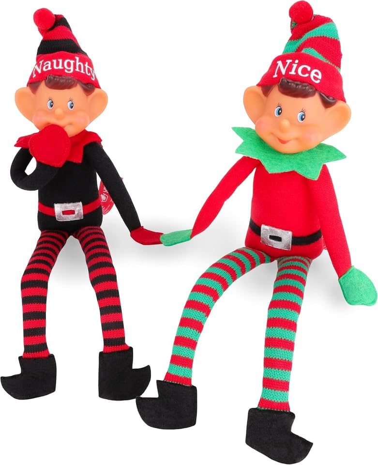 Toyland® Elf Soft Toys Twin Pack - 35cm Naughty & Nice Duo with Knitted Hats - Perfect Festive Gift