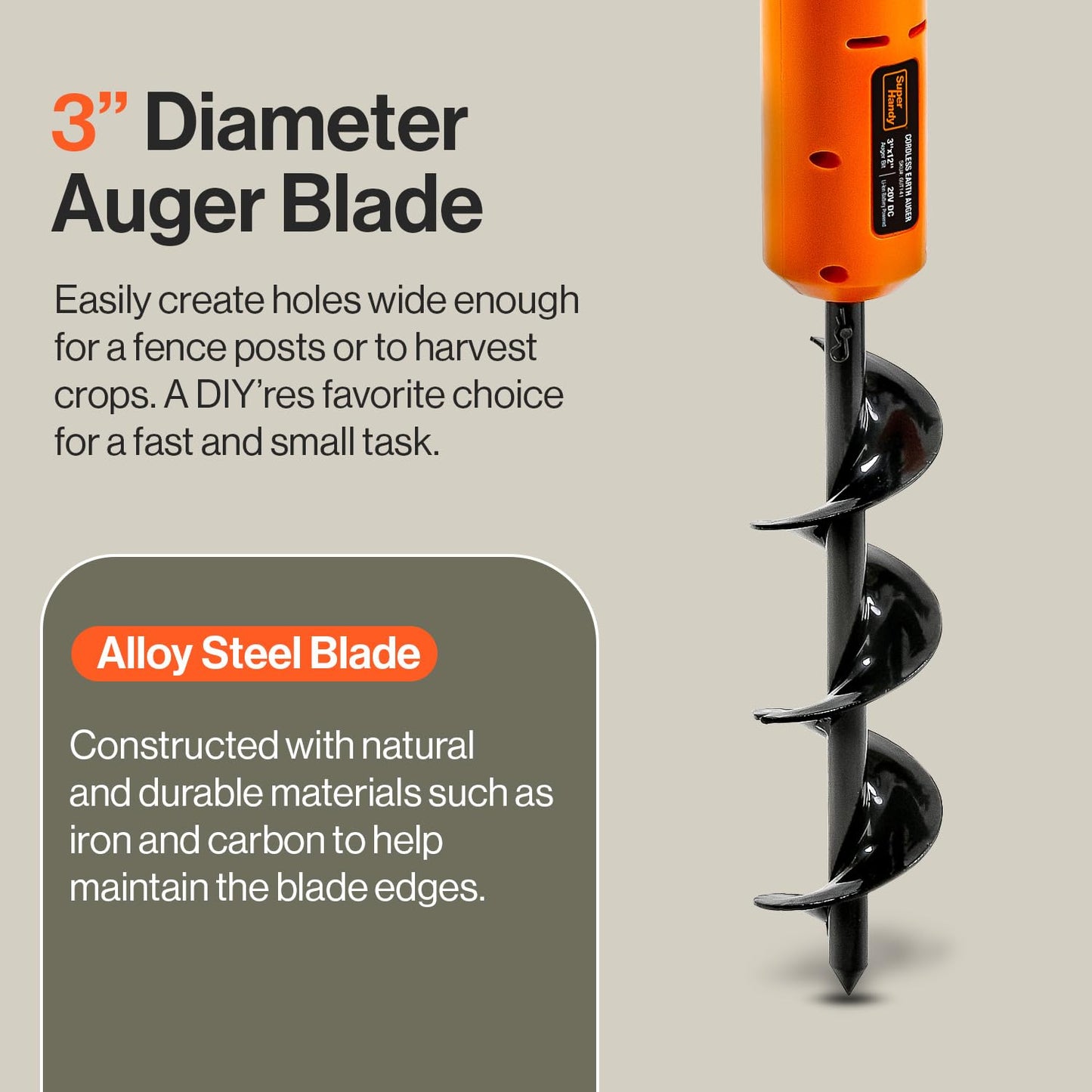 SuperHandy Earth Auger Electric Power Head w/ 12" x 3" Auger Bit 20V 4Ah Rechargeable Battery/Charger for Earth Burrowing/Drilling & Post Hole Digging