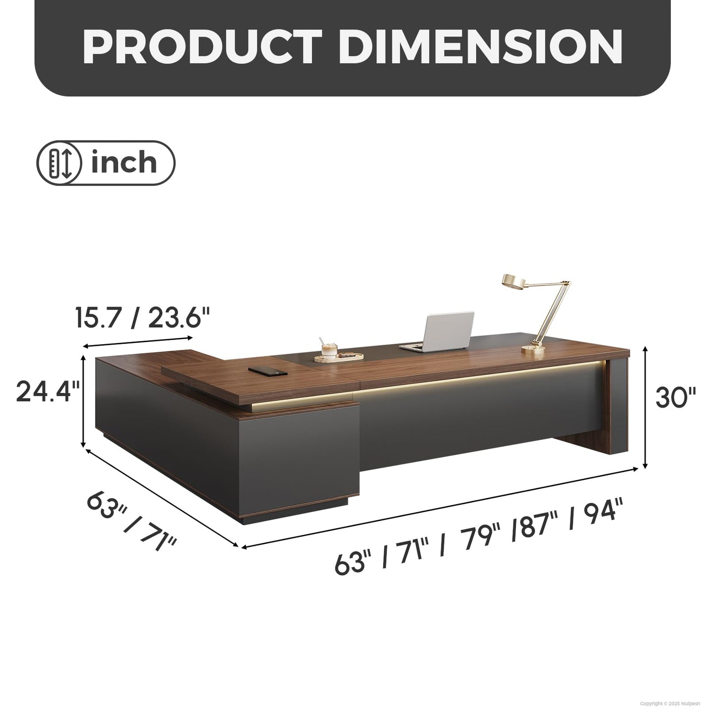 Nuipesn 87-Inch Reversible L-Shaped Executive Desk with Power Outlet & LED Lighting, Large Modern Office Desk with Drawers & Storage Shelves for Home & Office, Red Walnut & Iron Gray