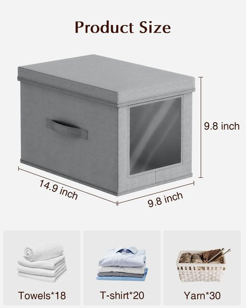 Homsorout Collapsible Storage Bins - Foldable Decorative Boxes with Lids & Side Window | 15-Inch Grey Organizer Bins (5 Pack)