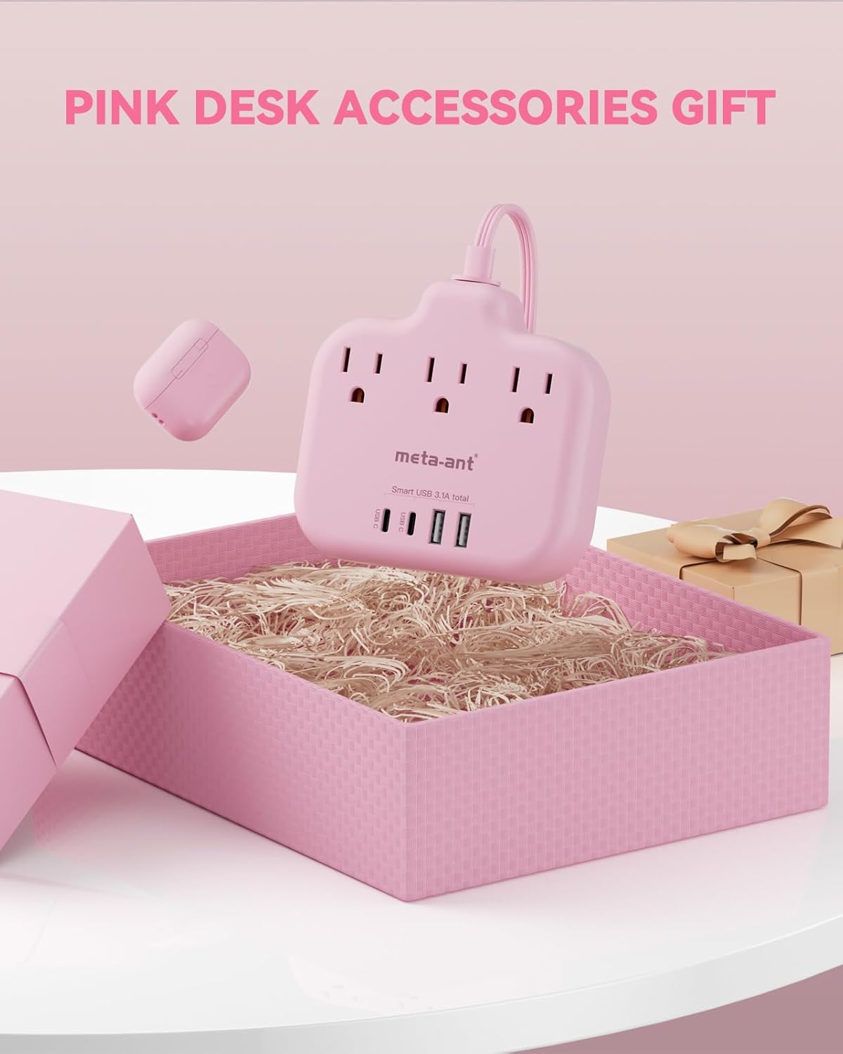 meta-ant 3 4 (2 1625W Pink Extension Cord with AC Outlets & USB Ports USB-C), Pink Desk Accessories, Cute Extension