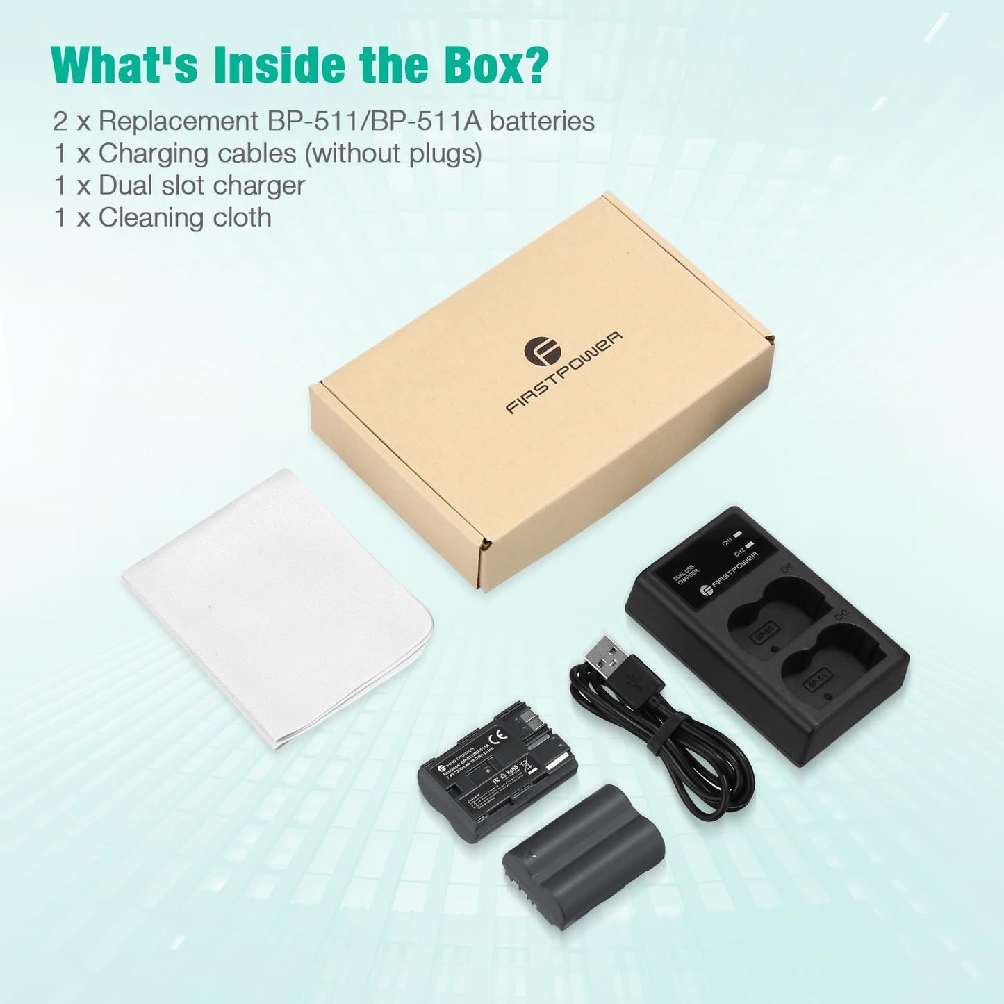 FirstPower BP-511 BP-511a 2-Pack 2200mAh 5D 10D 20D 20Da 30D 40D 50D 300D D30 D60 Battery and Dual USB Charger