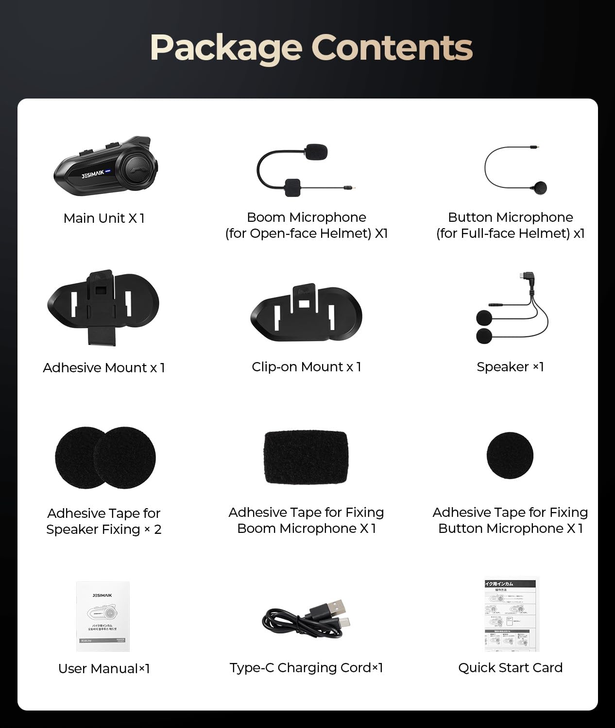JESIMAIK Motorcycle Bluetooth Headset,2 Way Helmet Intercom Communication System, CVC8.0 Noise Cancellation Motorcycle Intercom with 2 Mics&40mm Speaker,Music Sharing, IP67 Waterproof, FM Radio(2Pack)