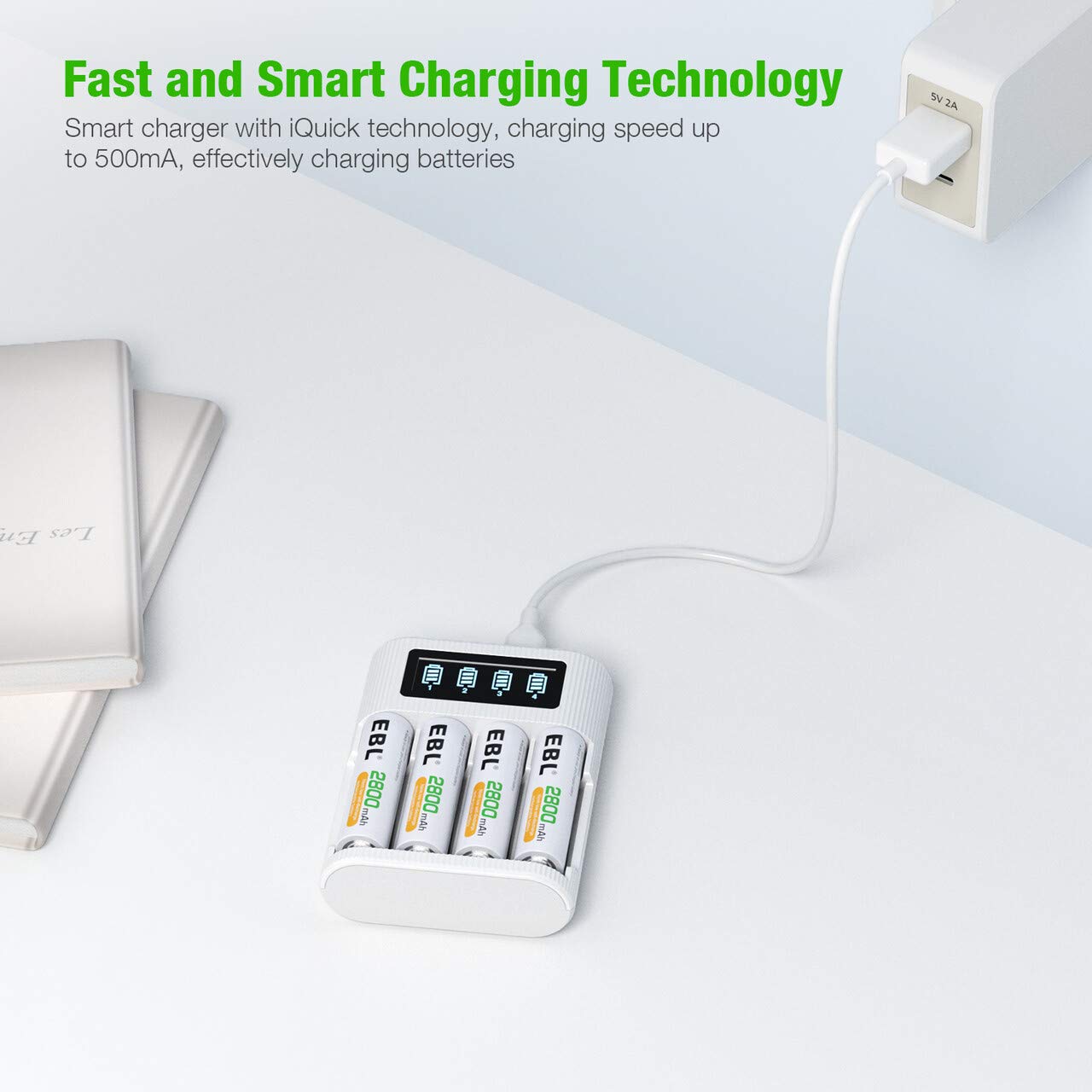 EBL 4 2 LCD Battery Charger AA AAA Rechargeable Battery Charger - Bay Smart LCD Charger with USB Input Port for Ni-CD