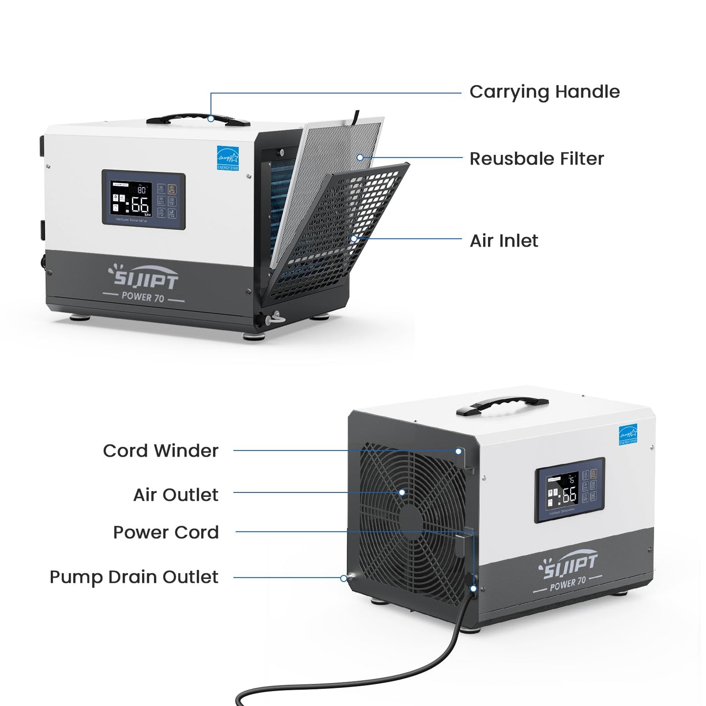 Crawl Space Dehumidifier with Pump, 70 Pints Energy Star Commercial Dehumidifiers for Basement and Home, Compact Dehumidifier for Spaces up to 1000 Sq Ft with Auto Defrost, Memory Starting