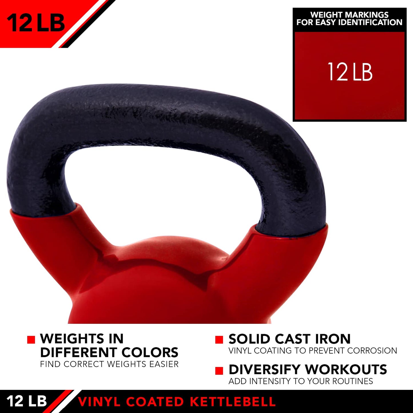 JFIT Vinyl-Coated Cast Iron Kettlebell Weight – Flat Bottom Kettlebell for Strength Training, Cross Training & Home Gym Workouts, 12LB-Red