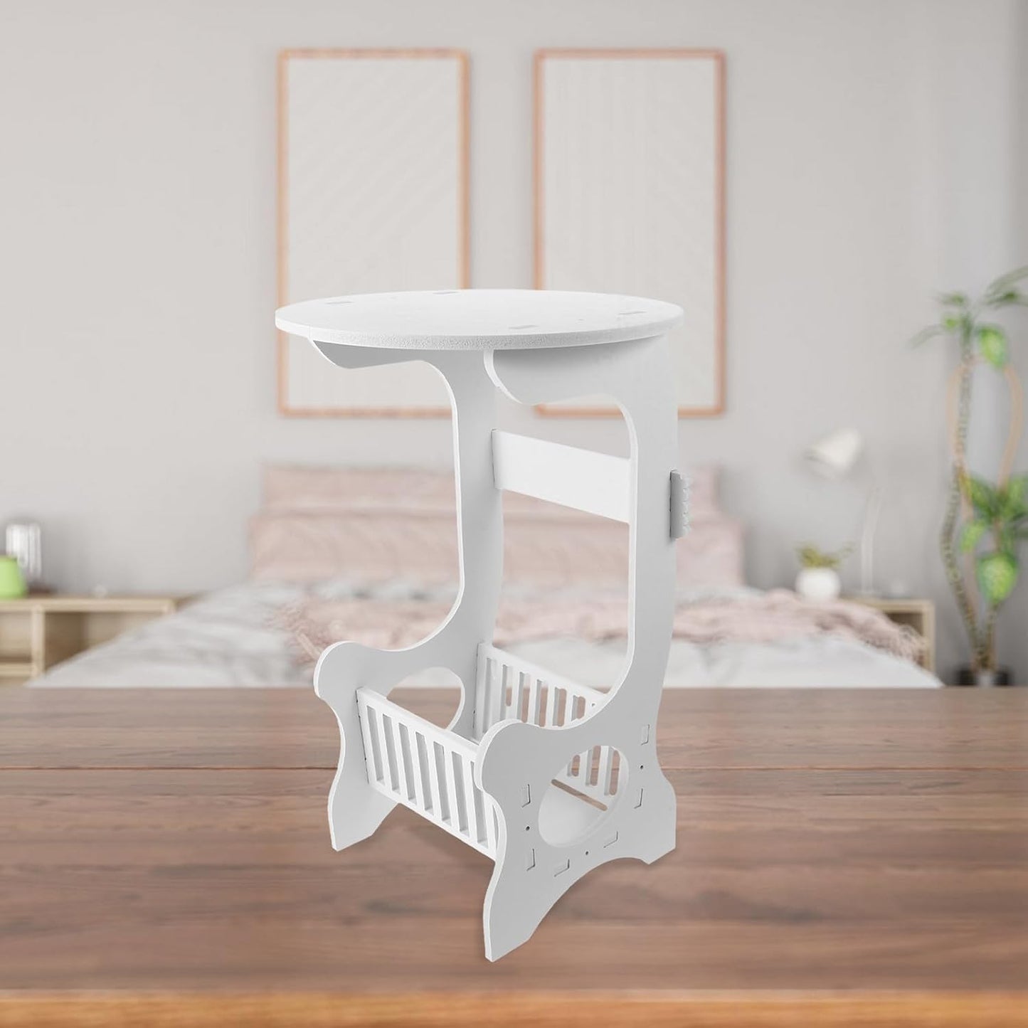 Angoily Small Round Side Table White Plastic Wood Nightstand for Bedroom Living Room Balcony with Storage and Hollow