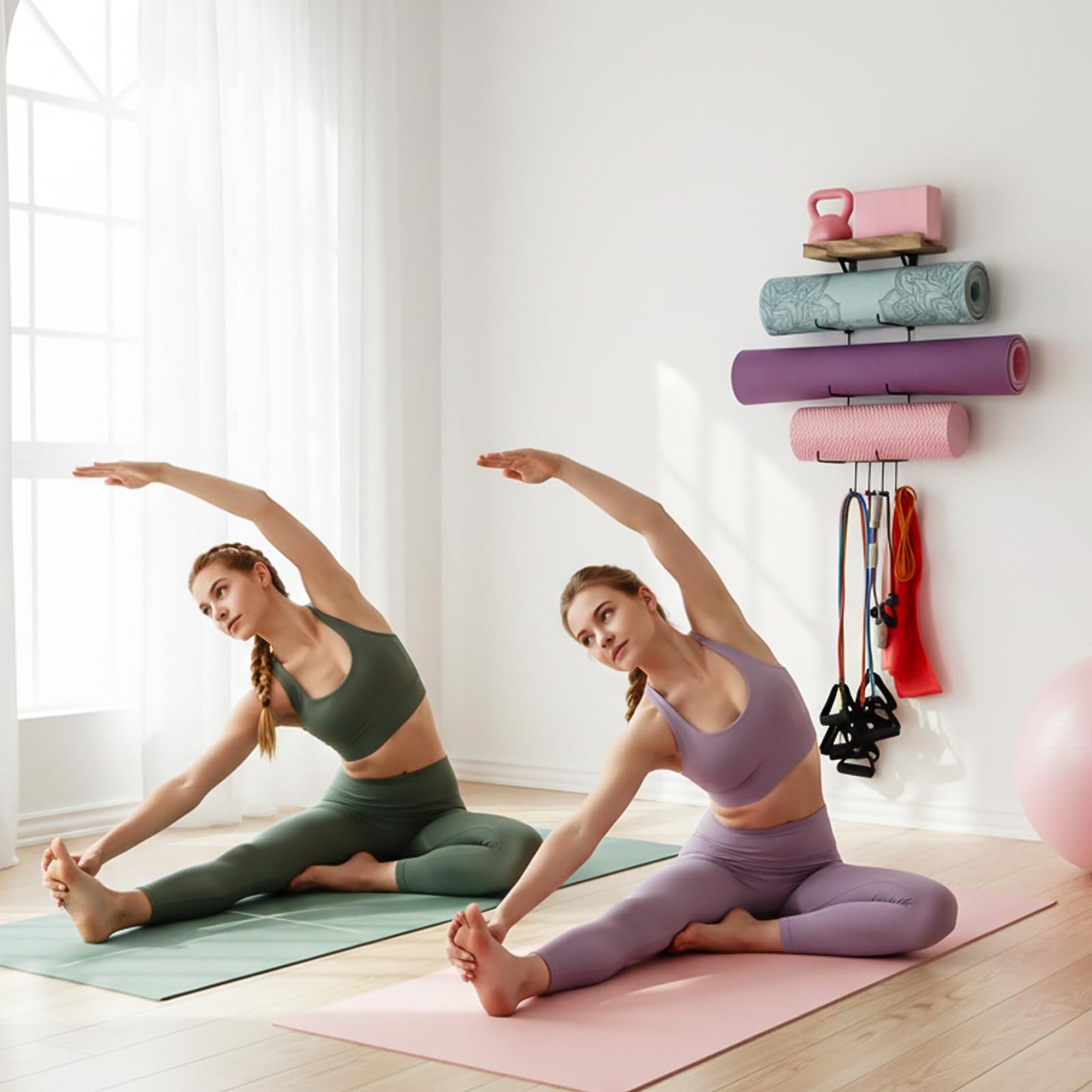 VINAEMO Yoga Mat Holder Accessories Wall Mount Organizer Storage Decor Foam Roller and Towel Storage Rack with 4 Hooks and Wooden Shelves Yoga Mats Rack Resistance Bands for Home Gym School Office